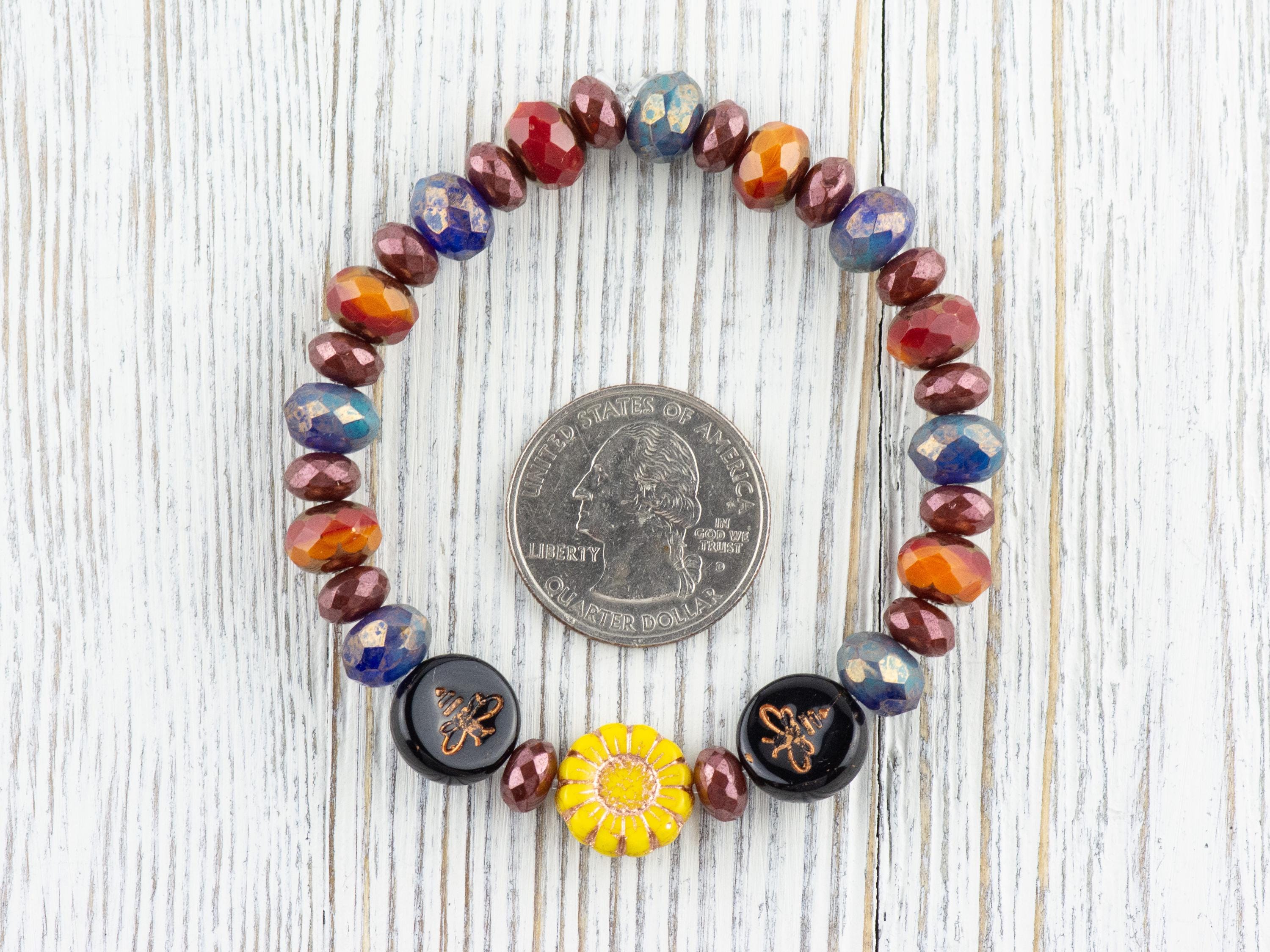 Bumble Bee Floral Beaded Stretch Bracelet, Colorful Handmade Faceted Czech Glass Jewelry, Nature Inspired Sunflower Fashion Accessory