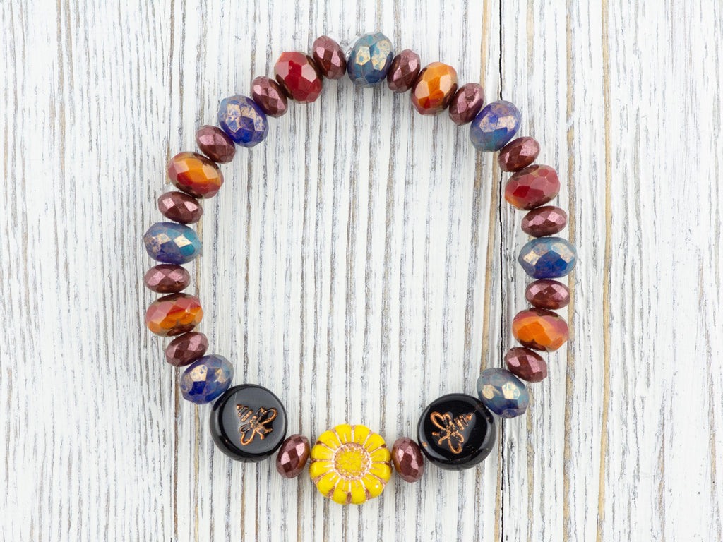 Bumble Bee Floral Beaded Stretch Bracelet, Colorful Handmade Faceted Czech Glass Jewelry, Nature Inspired Sunflower Fashion Accessory