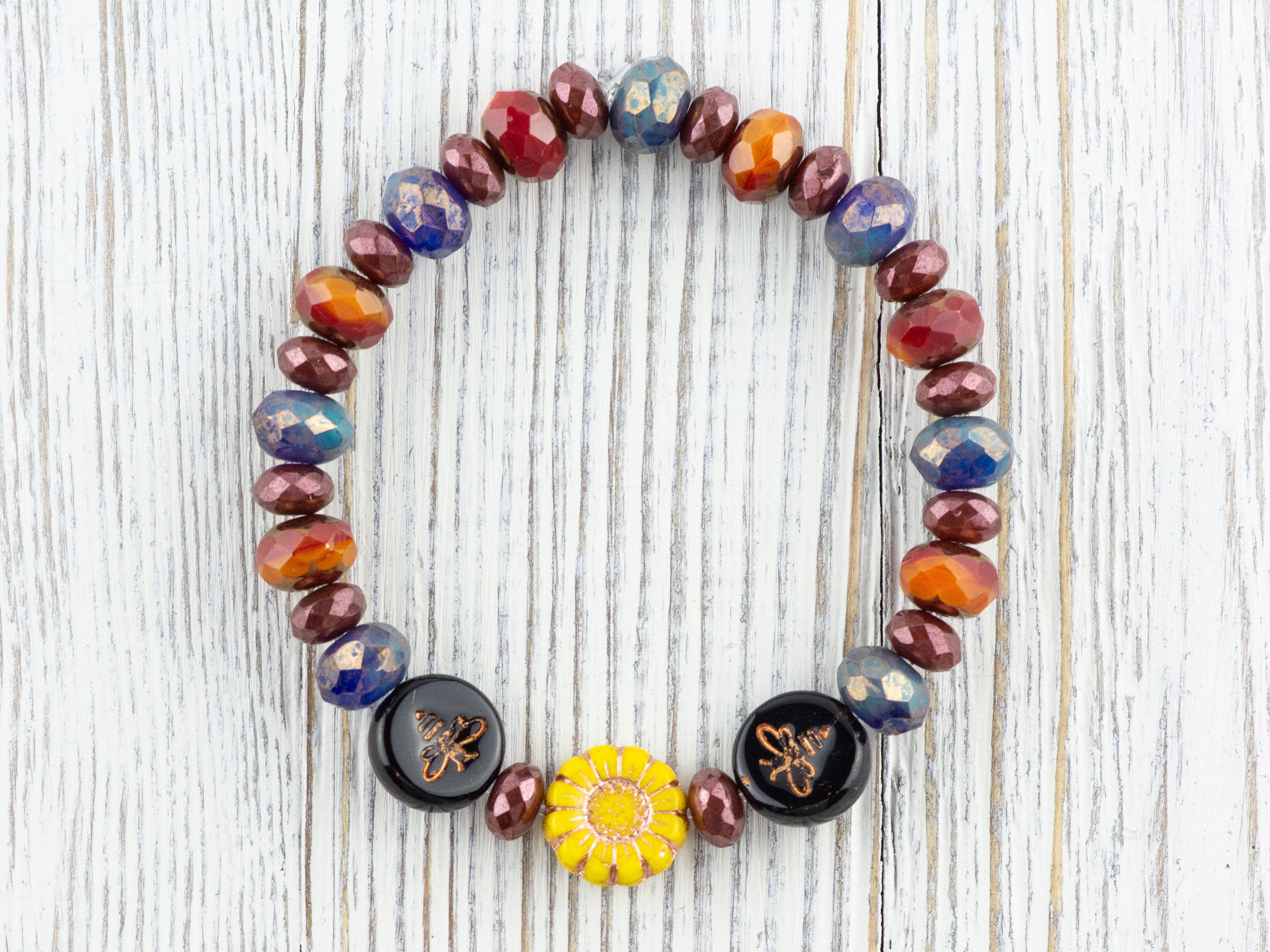 Bumble Bee Floral Beaded Stretch Bracelet, Colorful Handmade Faceted Czech Glass Jewelry, Nature Inspired Sunflower Fashion Accessory