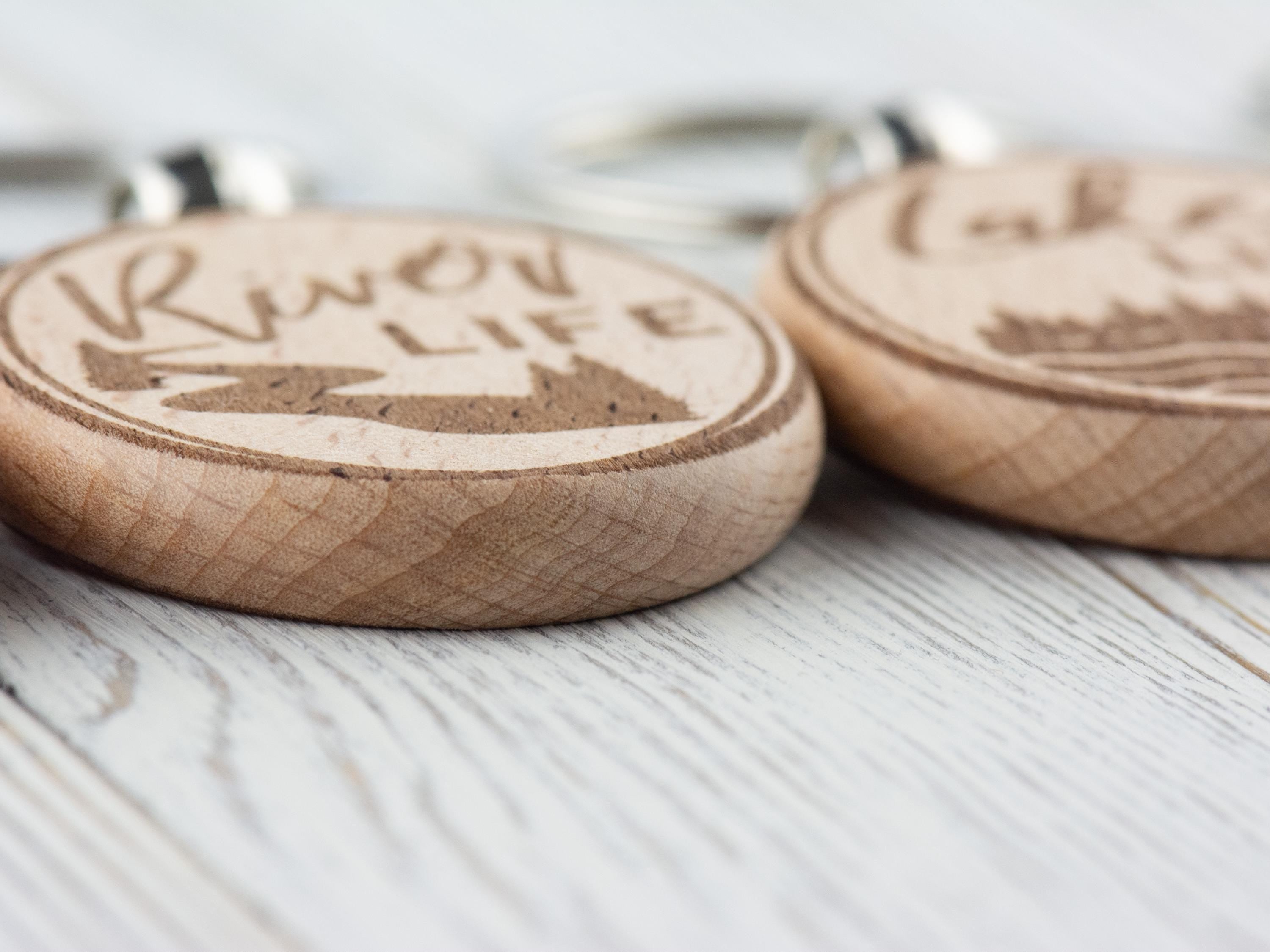 Mountain Life Natural Wood Keychain • Laser-Engraved Stainless Steel Keyring • Double-Sided