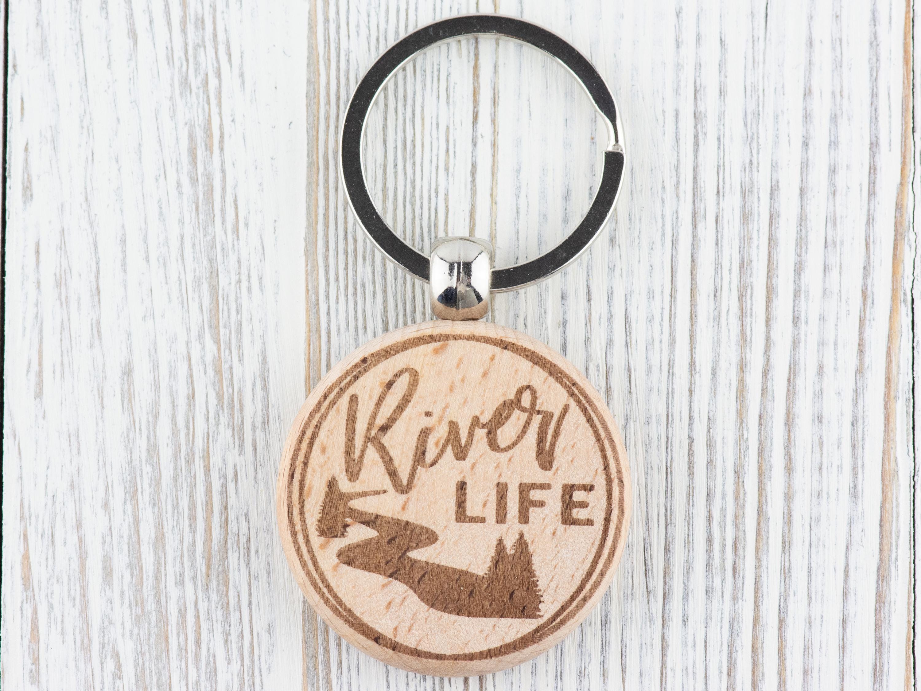 River Life Natural Wood Keychain • Laser-Engraved Stainless Steel Keyring • Double-Sided