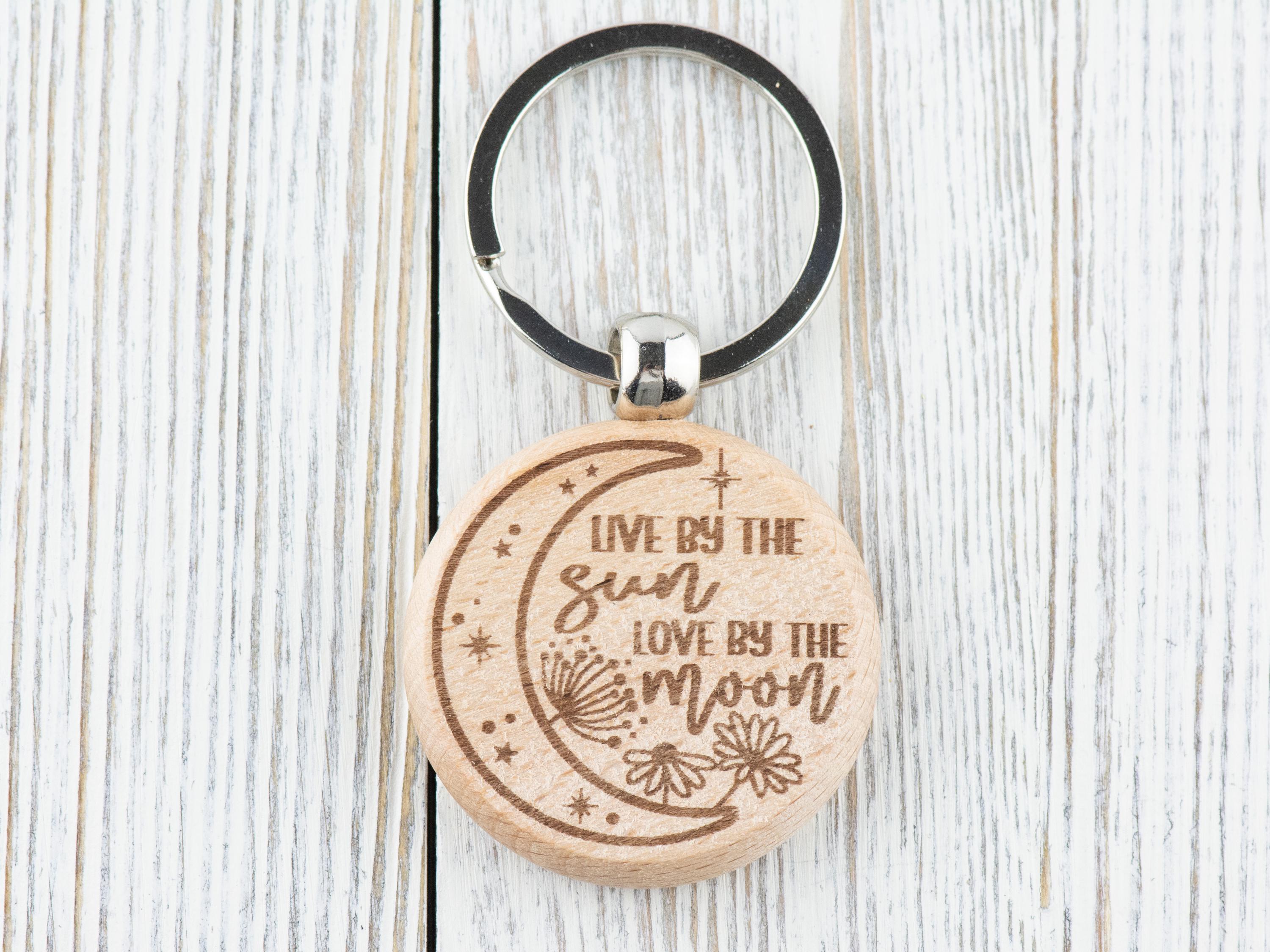 Moon Inspirational Quotes Natural Wood Keychain • Laser-Engraved Stainless Steel Keyring • Double-Sided