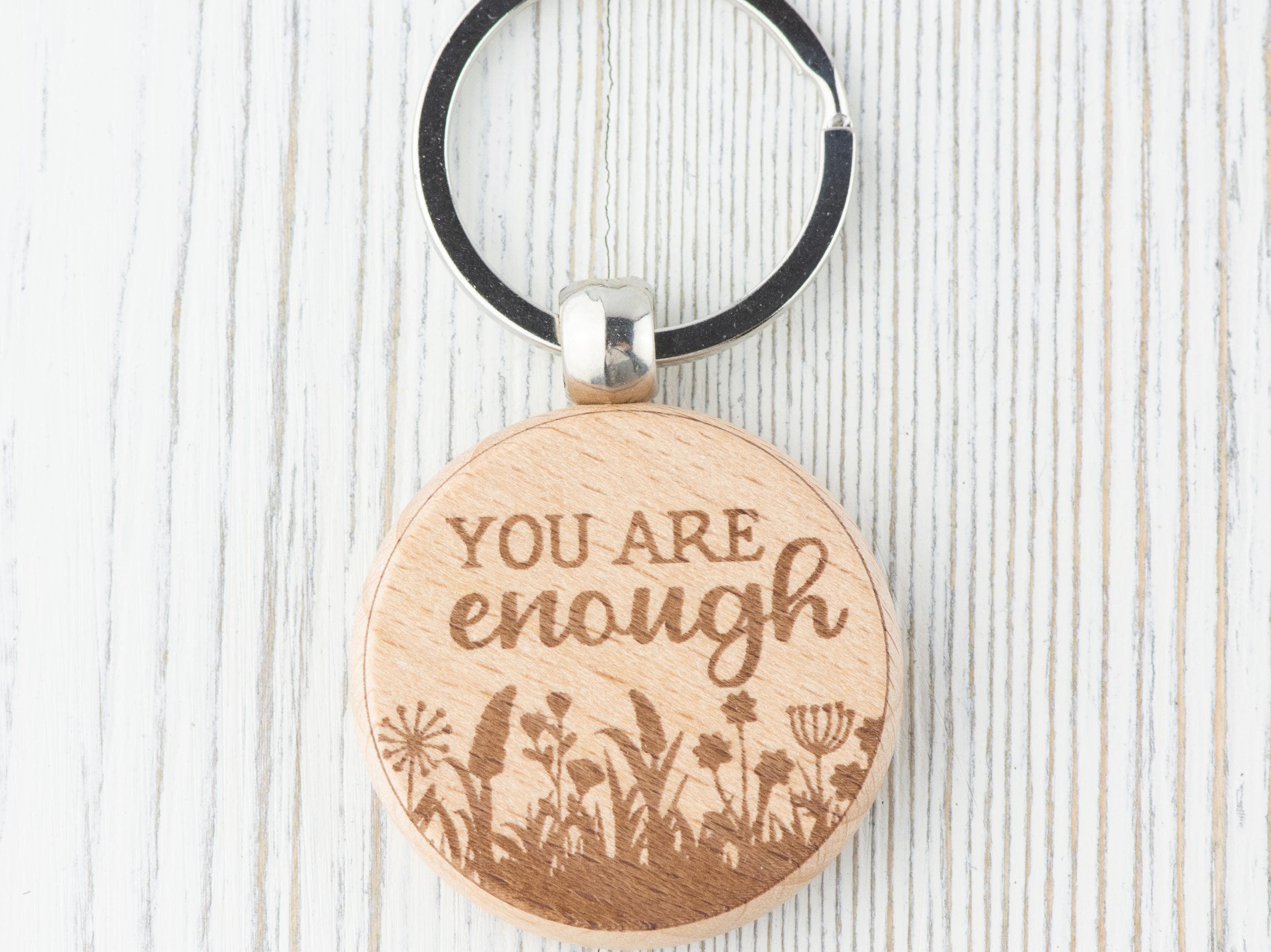 Inspirational Quotes Natural Wood Keychain • Laser-Engraved Stainless Steel Keyring • Double-Sided