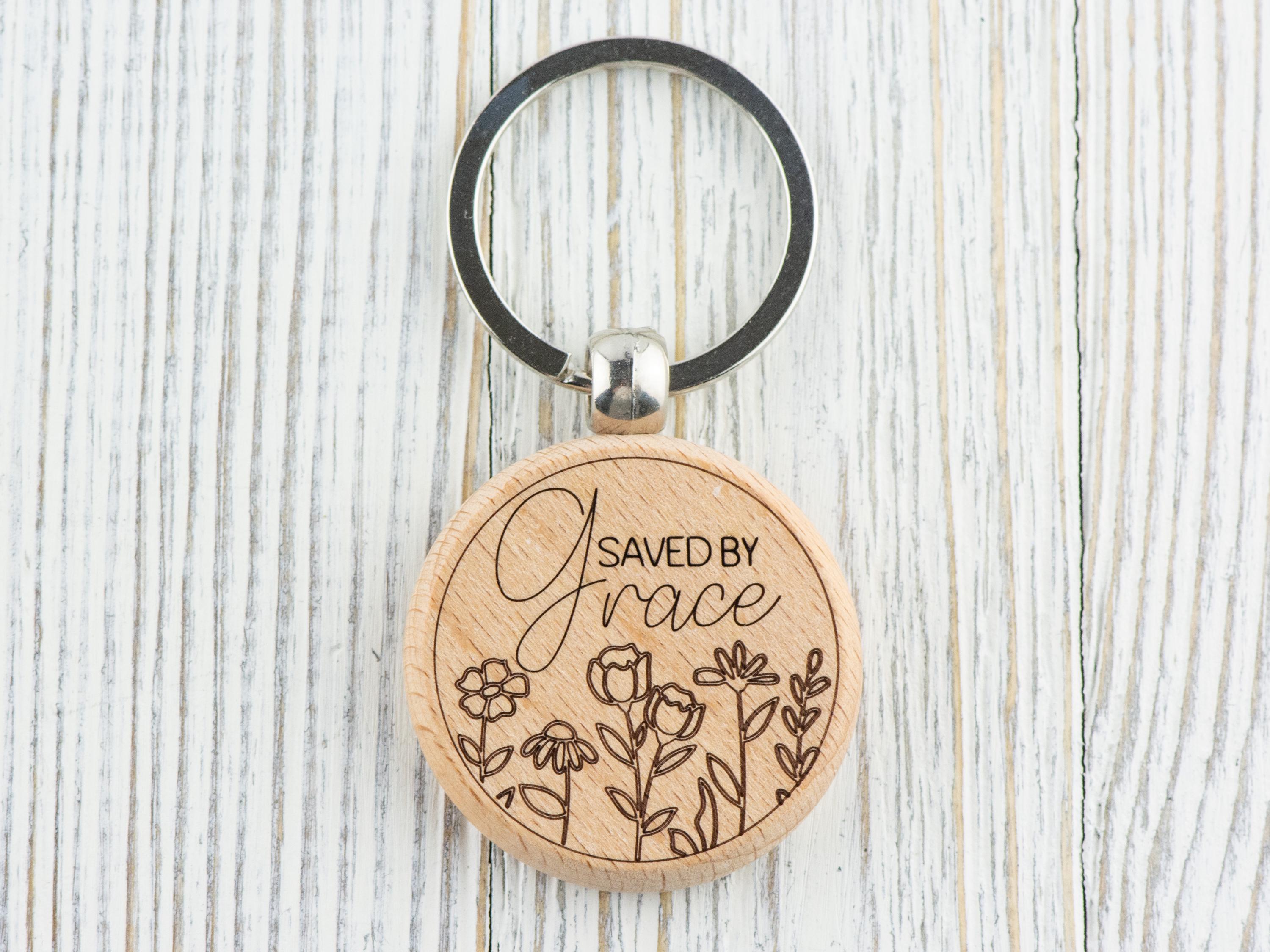 Saved by Grace Natural Wood Keychain • Laser-Engraved Stainless Steel Keyring • Double-Sided