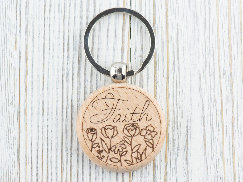 Faith Inspirational Natural Wood Keychain • Laser-Engraved Stainless Steel Keyring • Double-Sided