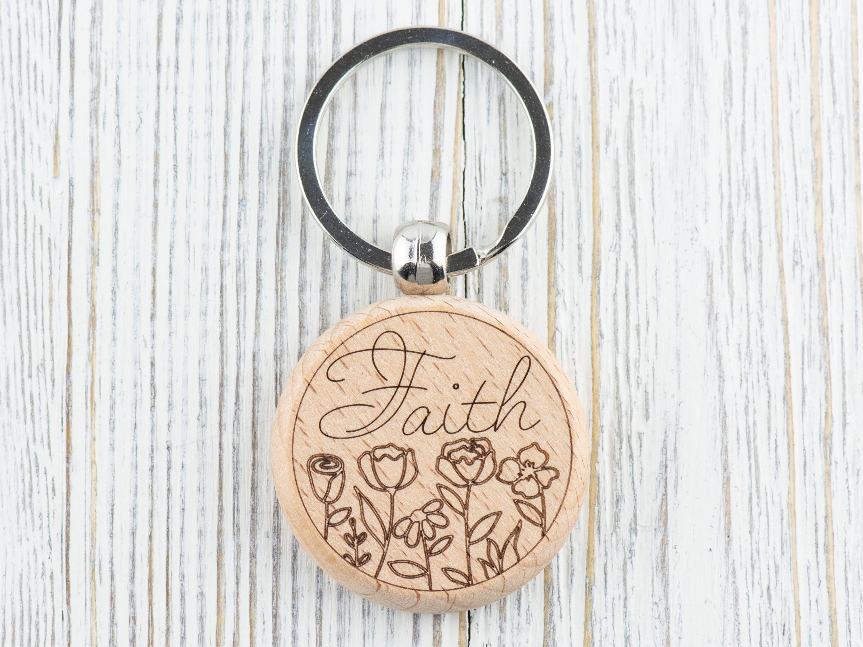 Faith Inspirational Natural Wood Keychain • Laser-Engraved Stainless Steel Keyring • Double-Sided