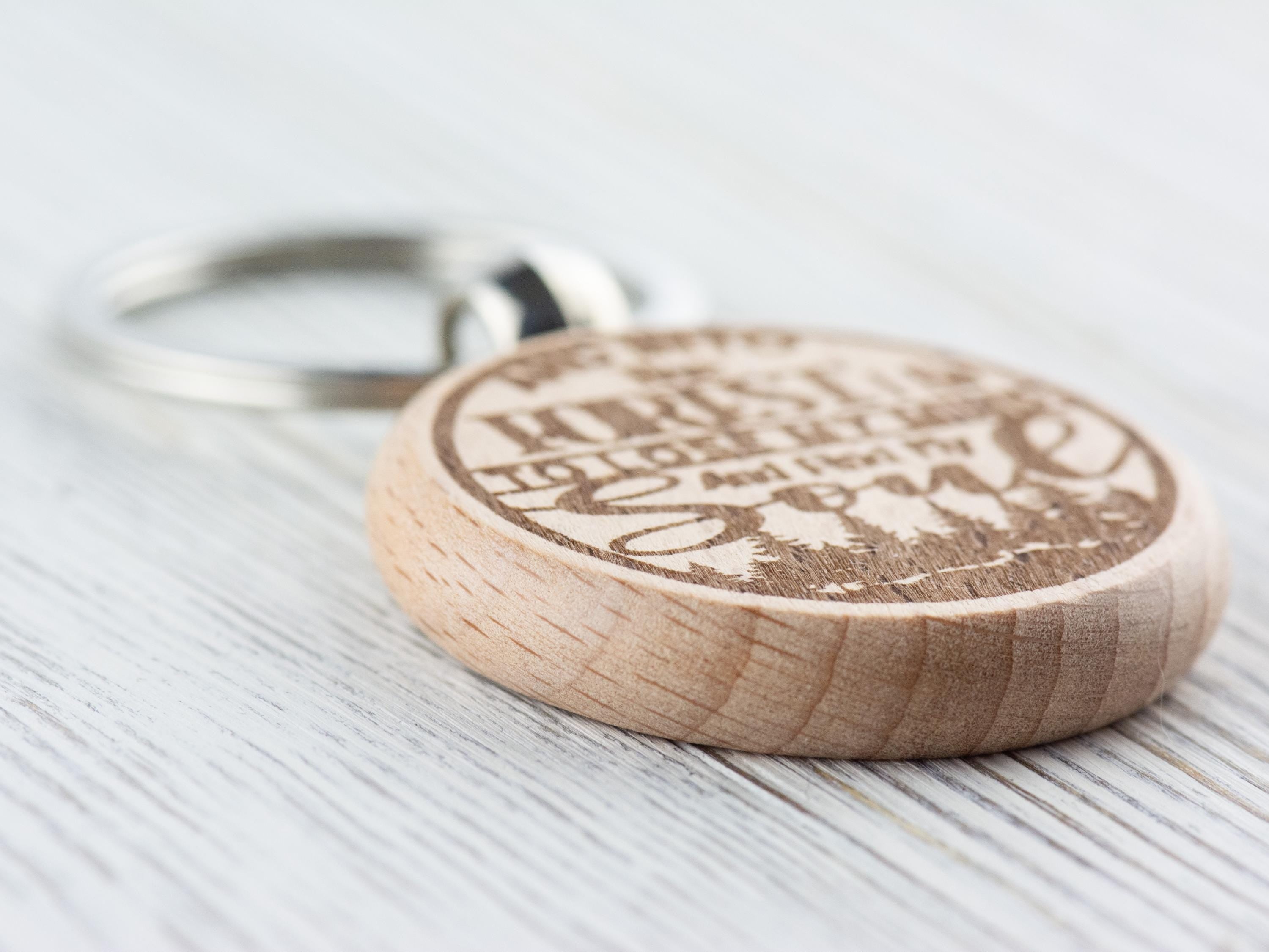 Into the Forest I Go Natural Wood Keychain • Laser-Engraved Stainless Steel Keyring • Double-Sided