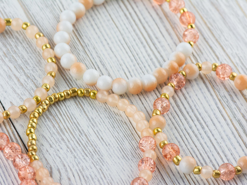 Sunstone Stacking Bracelets Set • Peach, White & Gold Gemstone Beads • Autumn Vibes