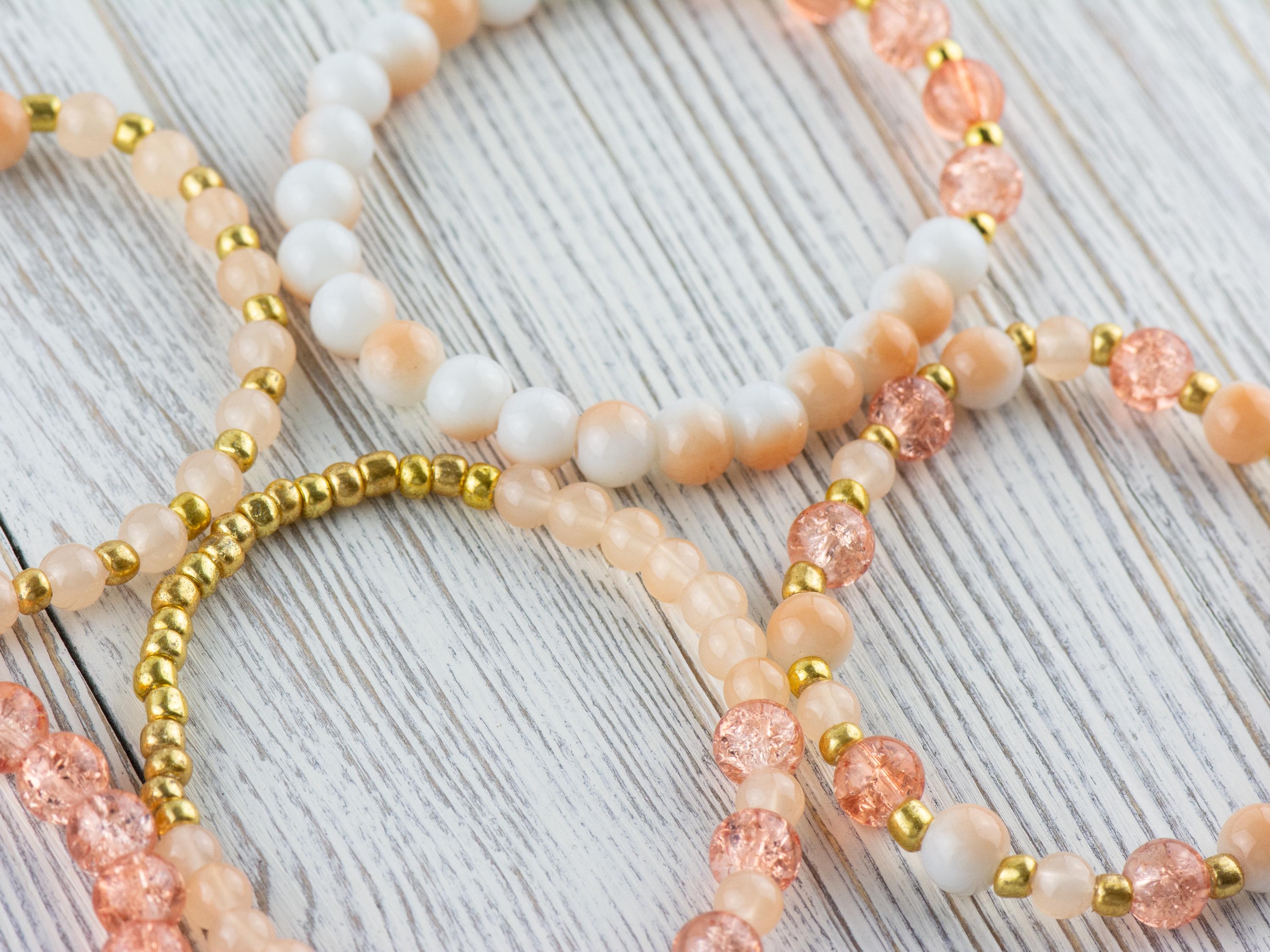Sunstone Stacking Bracelets Set • Peach, White & Gold Gemstone Beads • Autumn Vibes