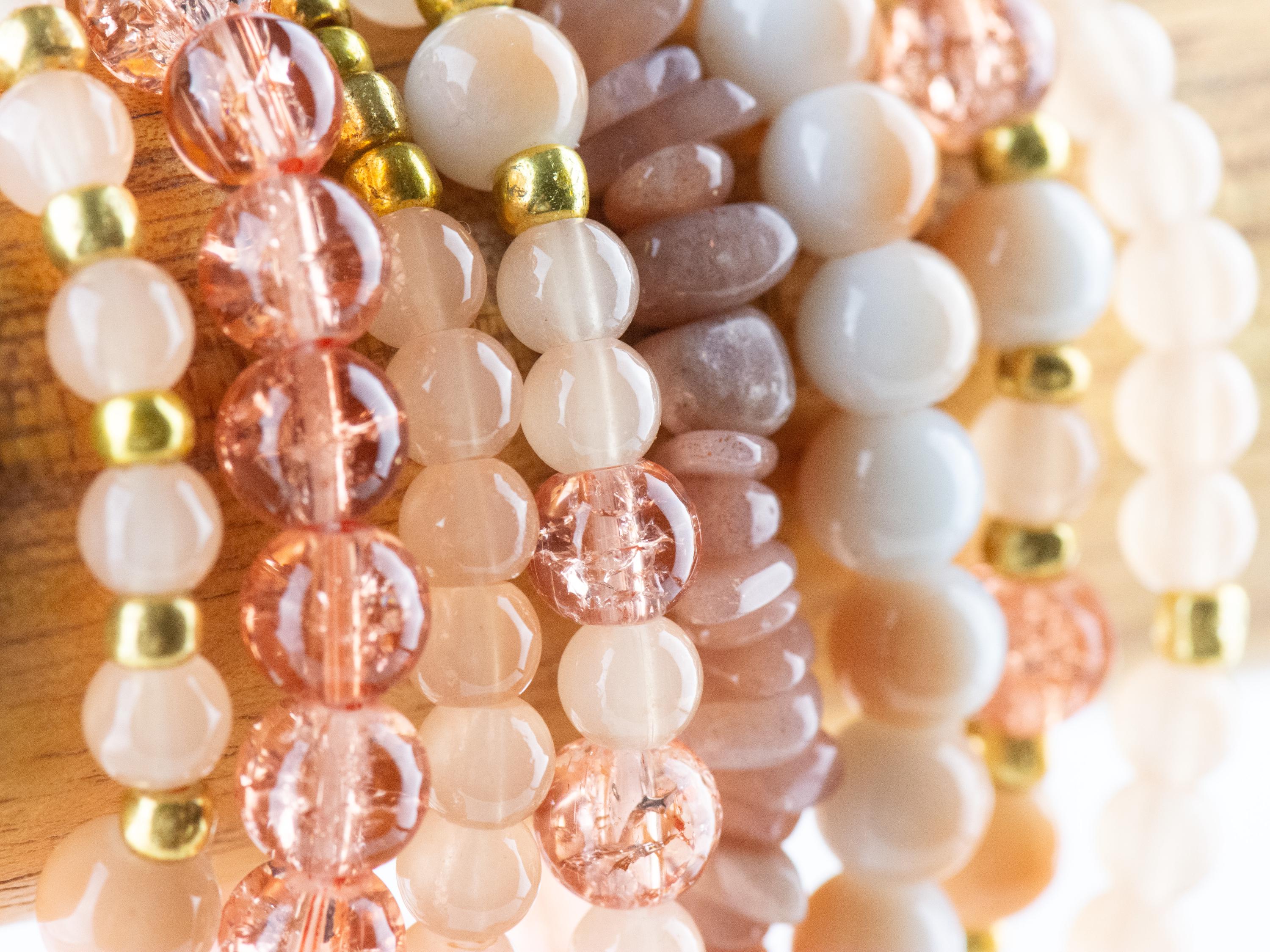 Sunstone Stacking Bracelets Set • Peach, White & Gold Gemstone Beads • Autumn Vibes