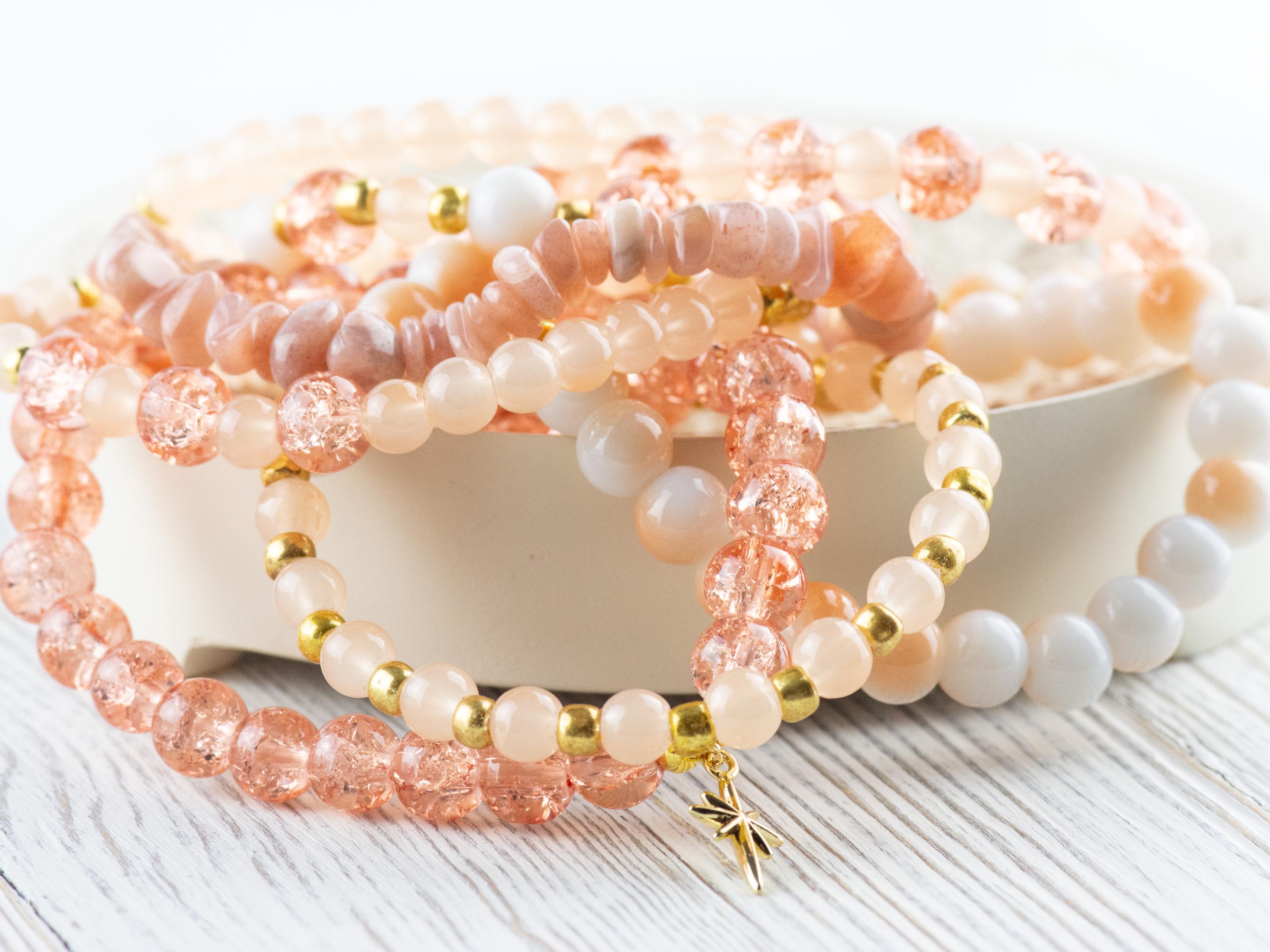 Sunstone Stacking Bracelets Set • Peach, White & Gold Gemstone Beads • Autumn Vibes