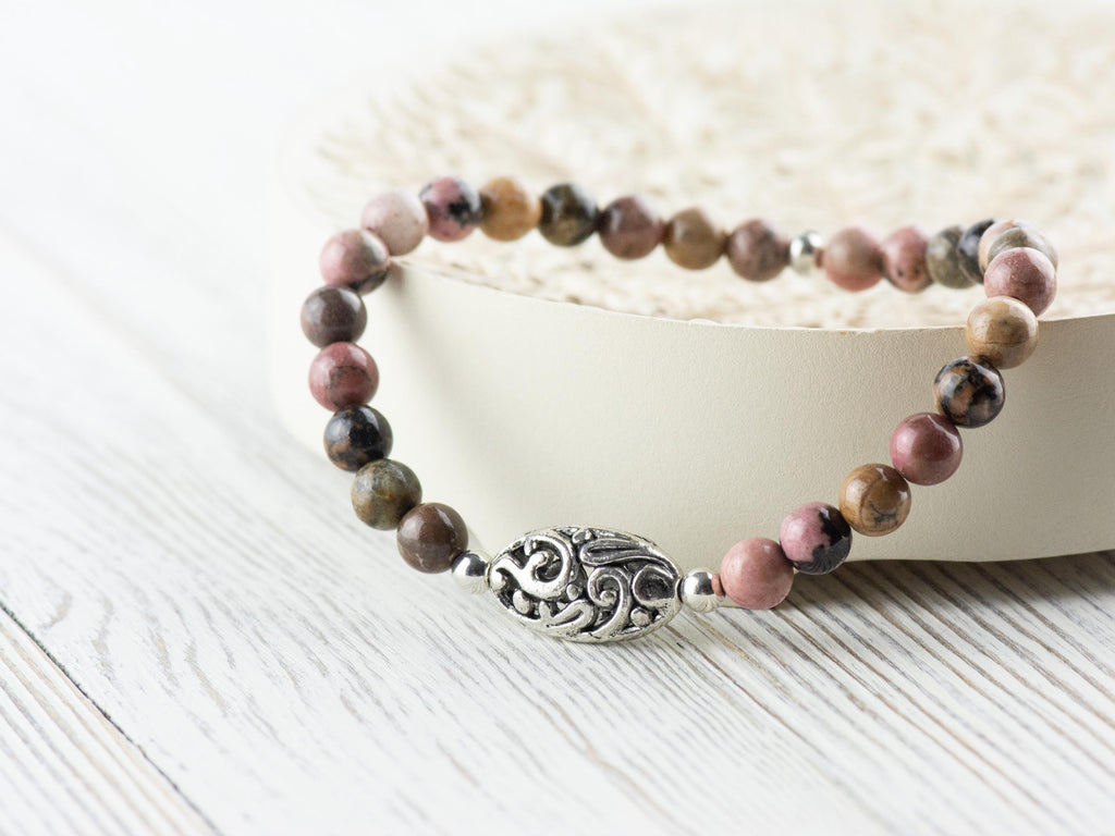 Rhodonite Gemstone Beaded Stretch Bracelet / Nature Inspired Handmade Semiprecious Jewelry / Stackable Smooth Round Stone Fashion Accessory
