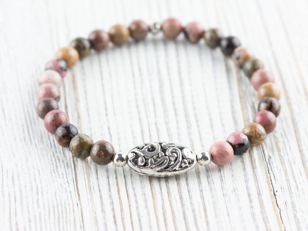 Rhodonite Gemstone Beaded Stretch Bracelet / Nature Inspired Handmade Semiprecious Jewelry / Stackable Smooth Round Stone Fashion Accessory