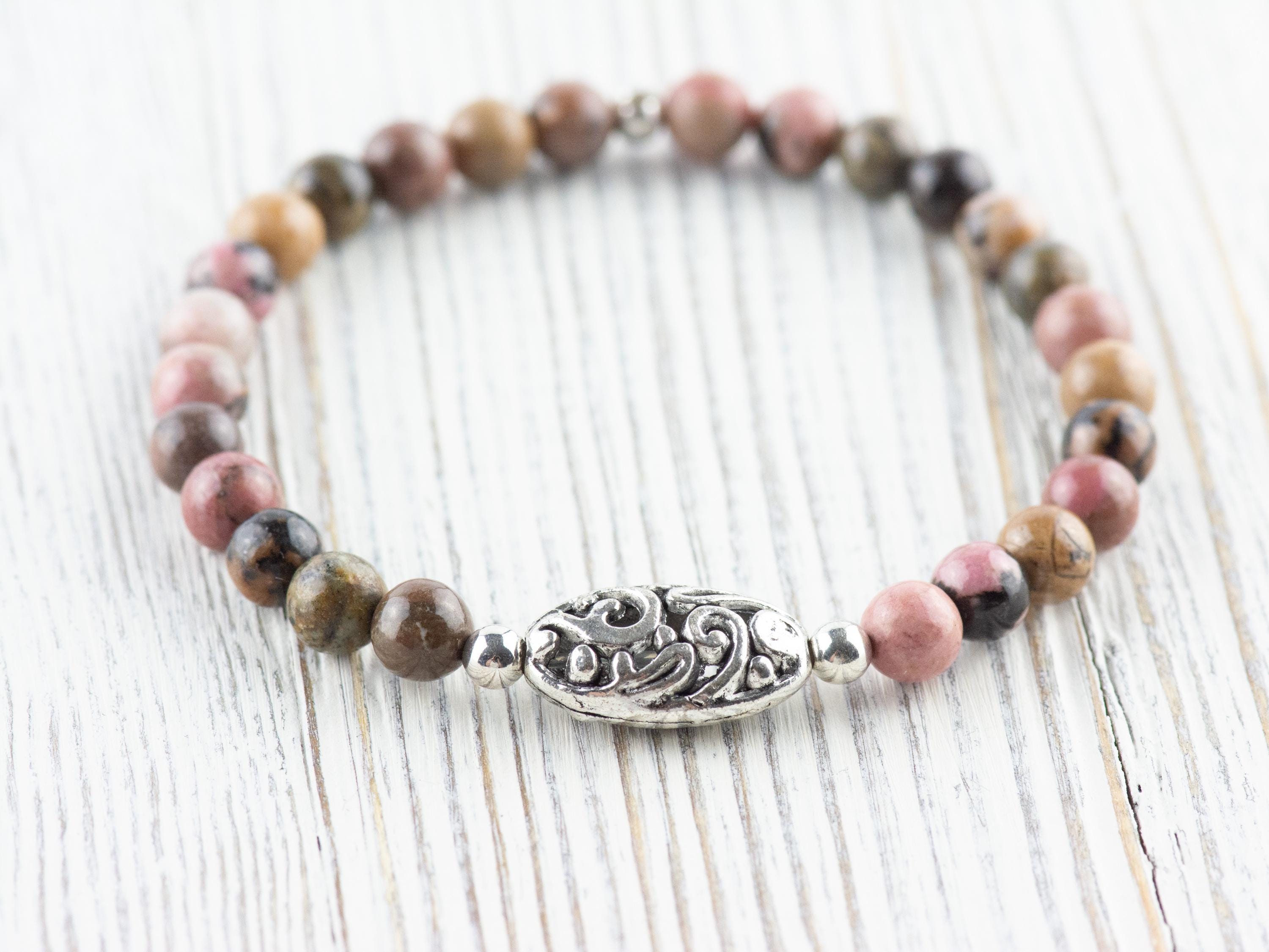 Rhodonite Gemstone Beaded Stretch Bracelet / Nature Inspired Handmade Semiprecious Jewelry / Stackable Smooth Round Stone Fashion Accessory