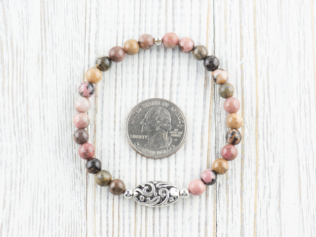 Rhodonite Gemstone Beaded Stretch Bracelet / Nature Inspired Handmade Semiprecious Jewelry / Stackable Smooth Round Stone Fashion Accessory