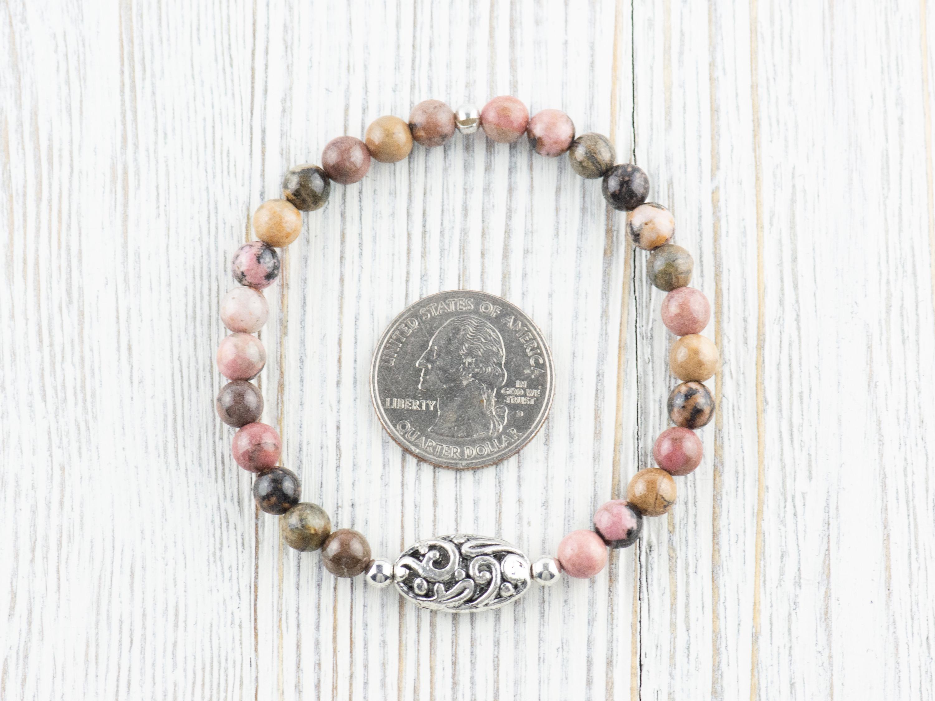 Rhodonite Gemstone Beaded Stretch Bracelet / Nature Inspired Handmade Semiprecious Jewelry / Stackable Smooth Round Stone Fashion Accessory