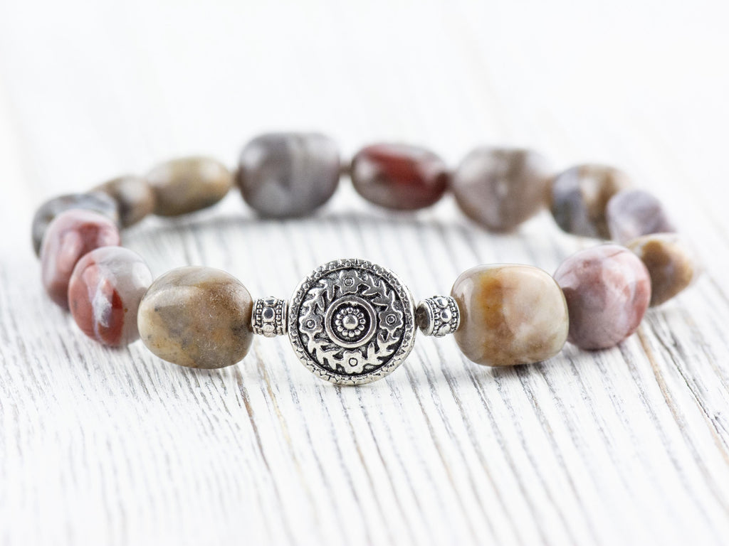 Ocean Jasper Gemstone Beaded Stretch Bracelet • Nature Inspired Handmade Semiprecious Jewelry • Stackable Smooth Stone Fashion Accessory
