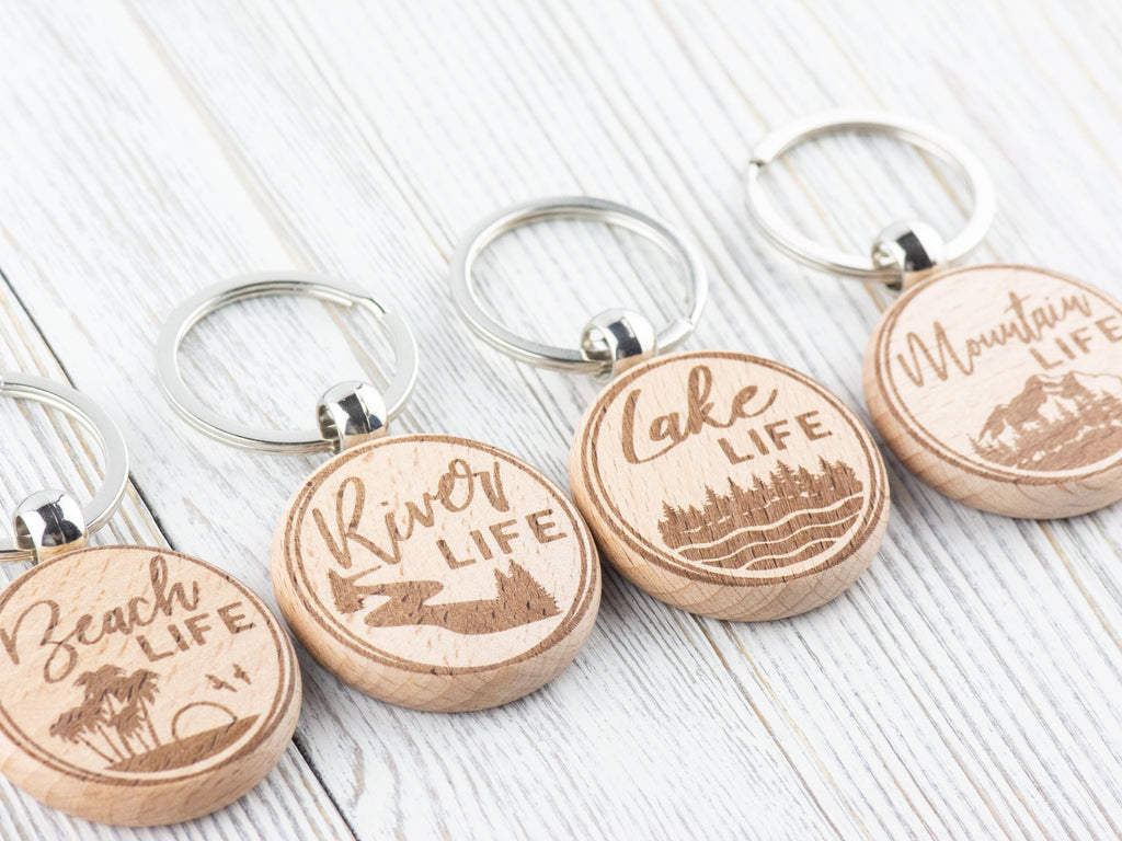 Mountain Life Natural Wood Keychain • Laser-Engraved Stainless Steel Keyring • Double-Sided