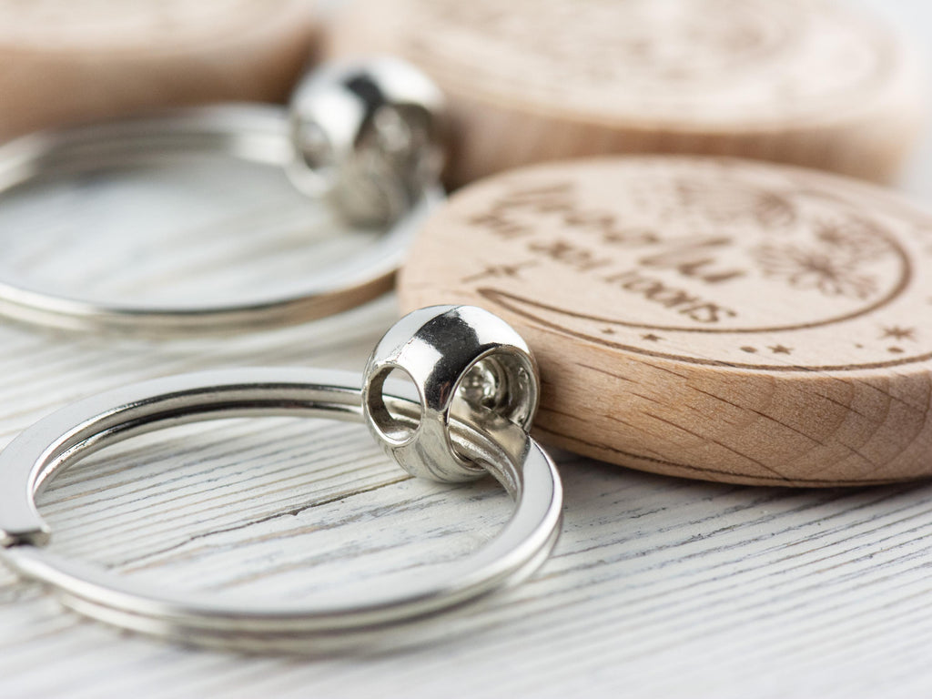 Moon Inspirational Quotes Natural Wood Keychain • Laser-Engraved Stainless Steel Keyring • Double-Sided