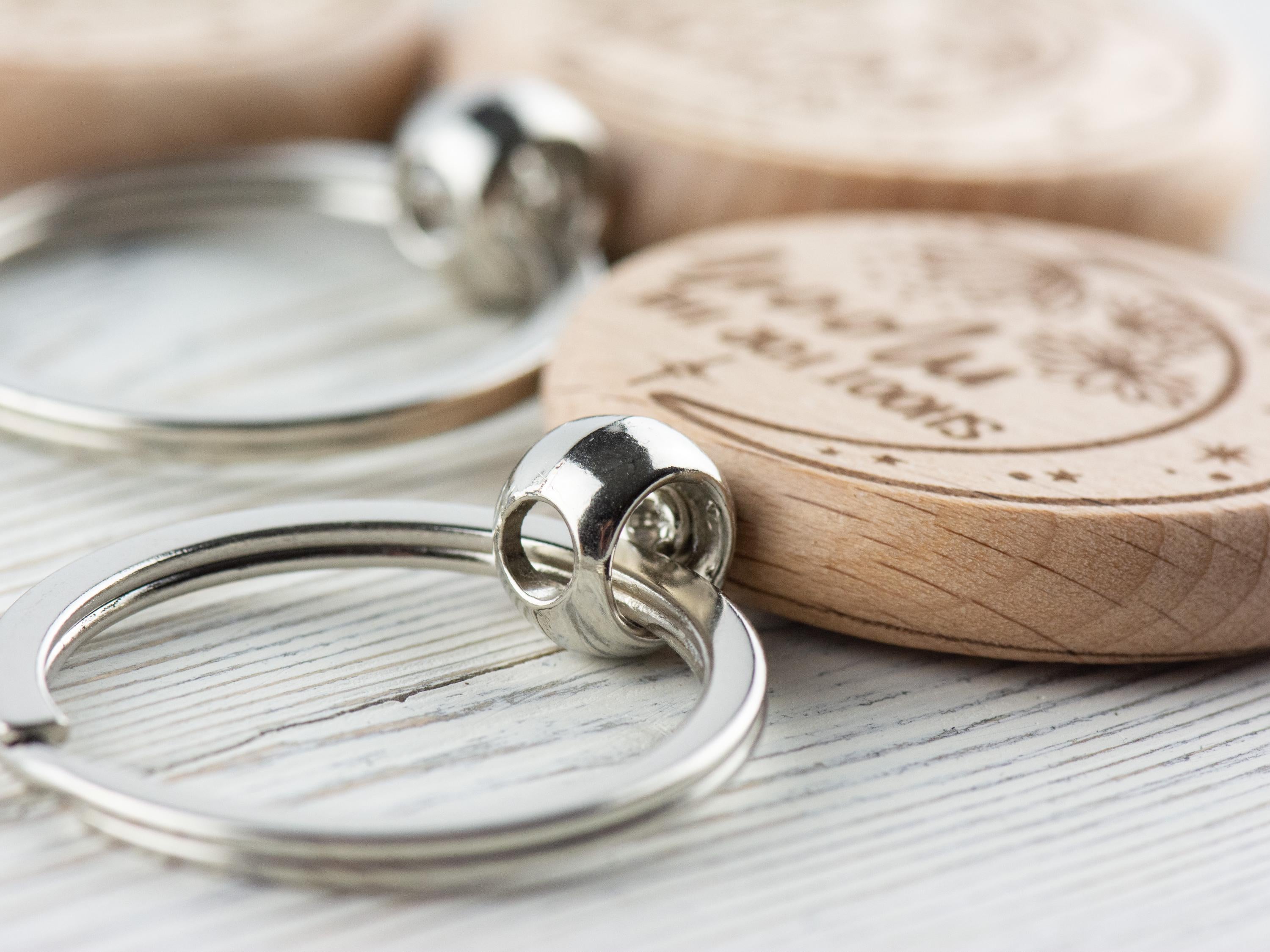 Moon Inspirational Quotes Natural Wood Keychain • Laser-Engraved Stainless Steel Keyring • Double-Sided