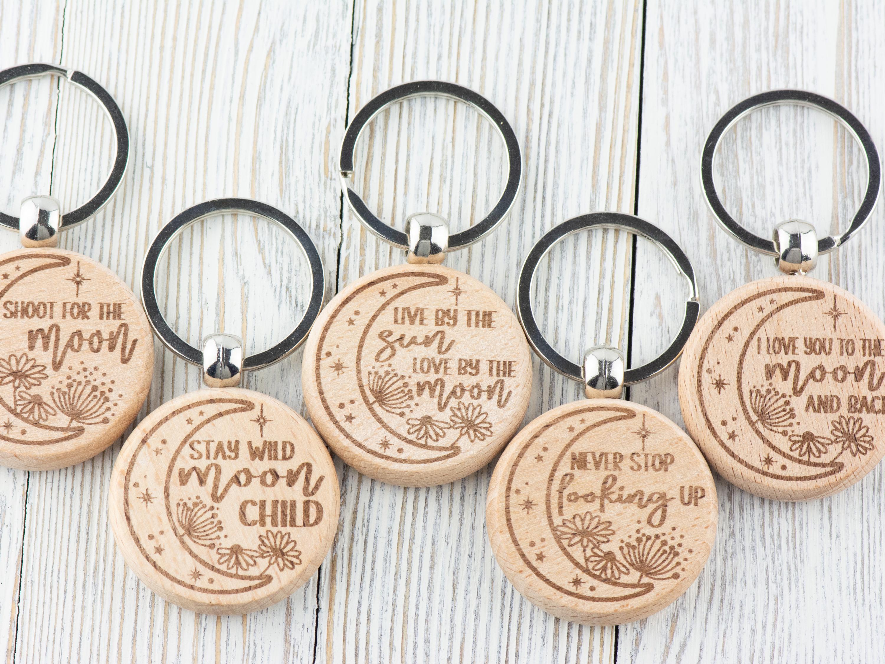 Moon Inspirational Quotes Natural Wood Keychain • Laser-Engraved Stainless Steel Keyring • Double-Sided