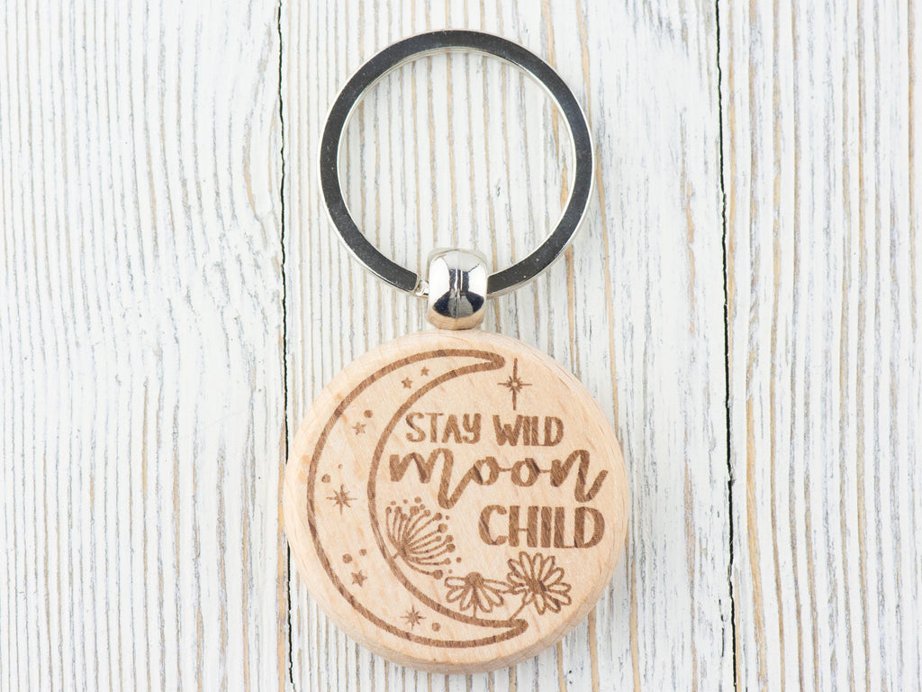 Moon Inspirational Quotes Natural Wood Keychain • Laser-Engraved Stainless Steel Keyring • Double-Sided