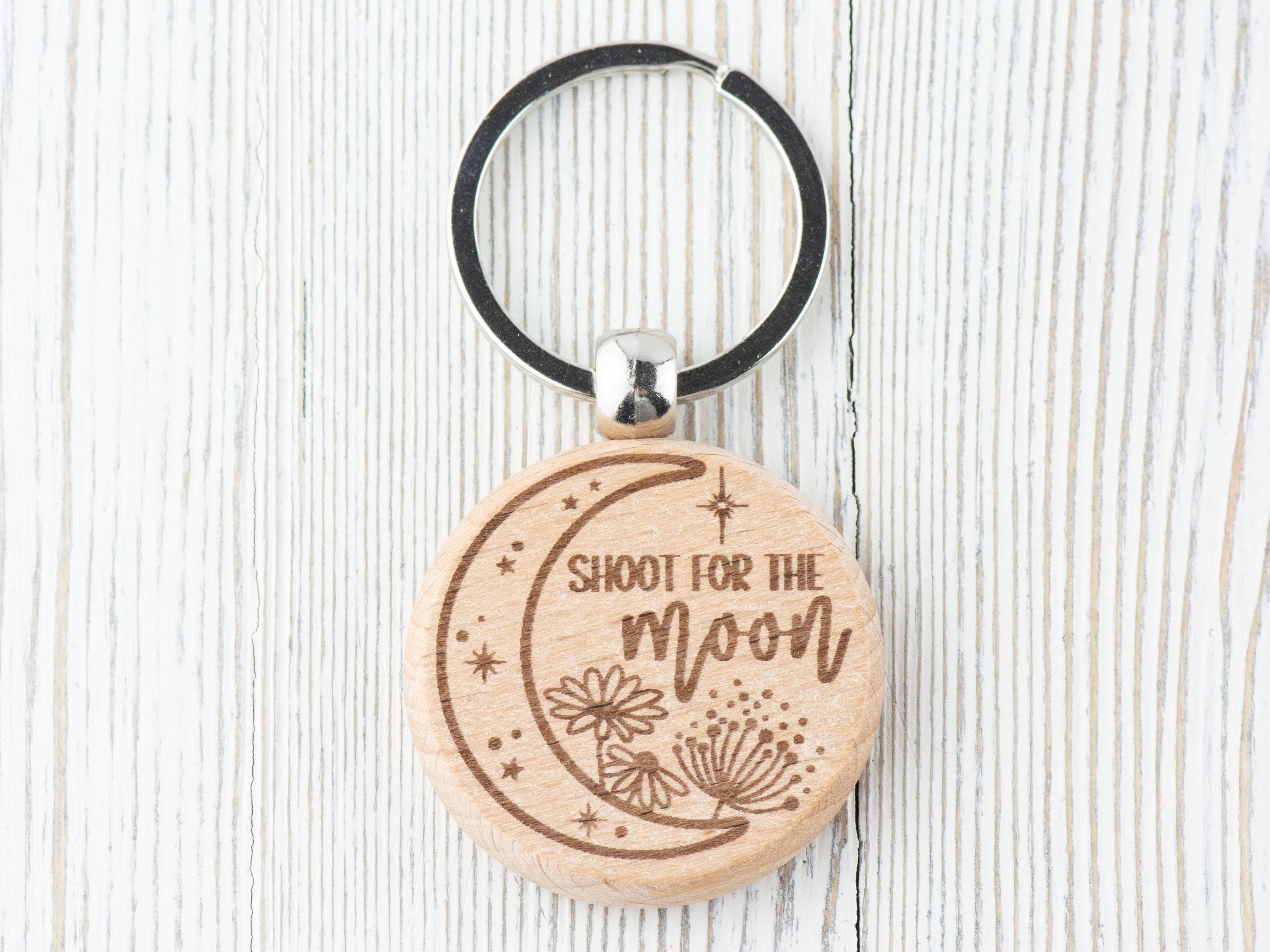 Moon Inspirational Quotes Natural Wood Keychain • Laser-Engraved Stainless Steel Keyring • Double-Sided