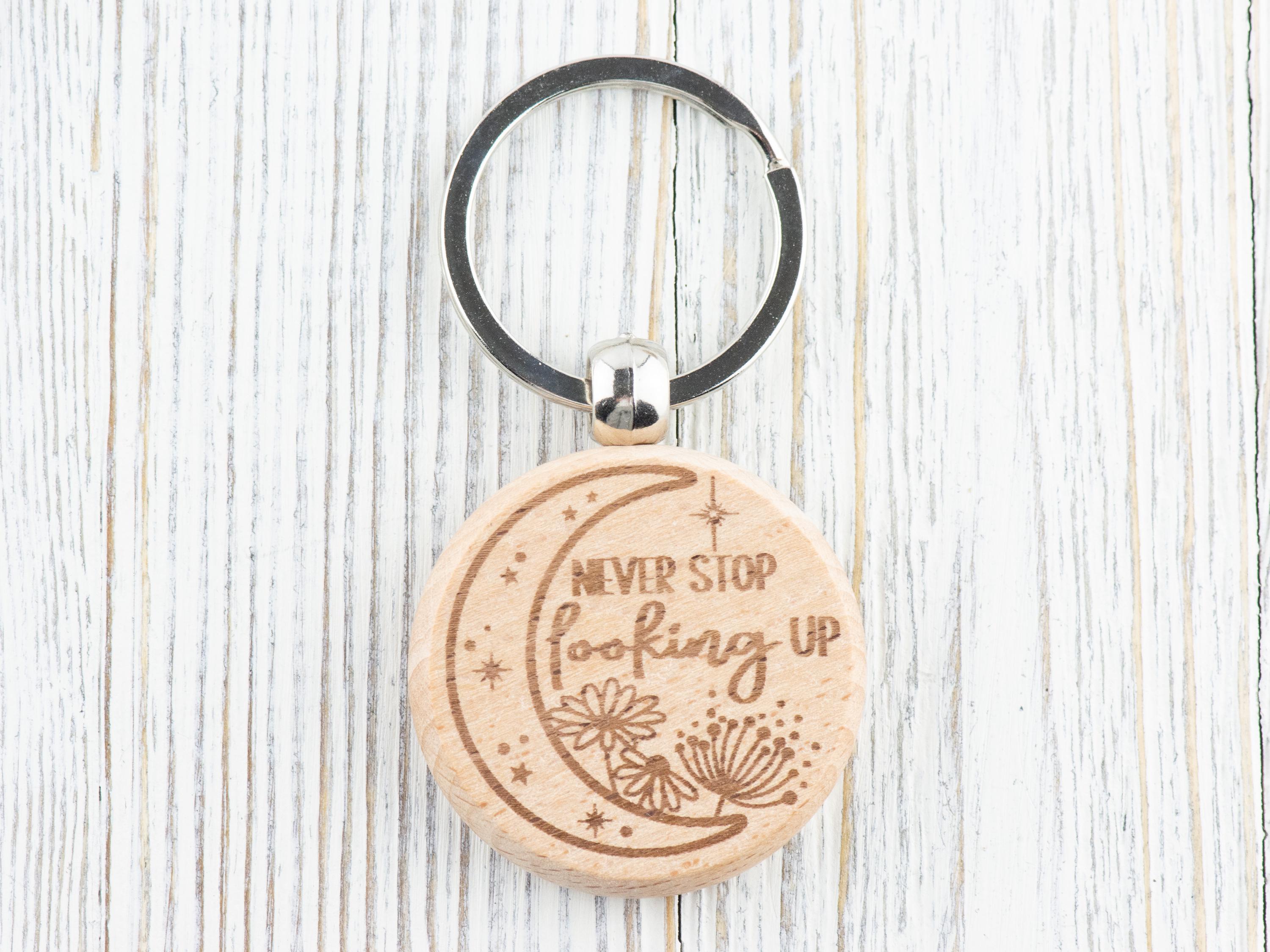 Moon Inspirational Quotes Natural Wood Keychain • Laser-Engraved Stainless Steel Keyring • Double-Sided