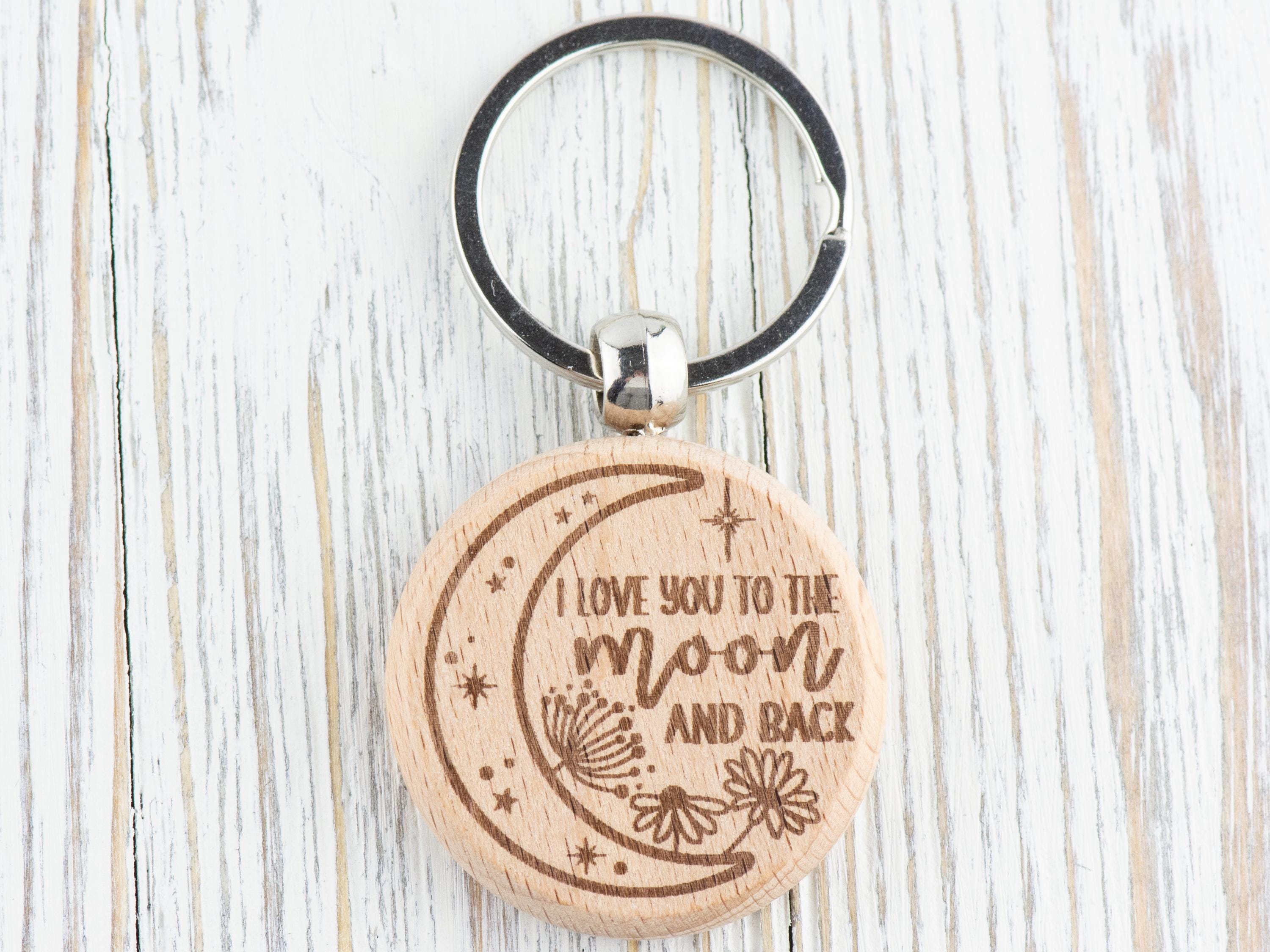 Moon Inspirational Quotes Natural Wood Keychain • Laser-Engraved Stainless Steel Keyring • Double-Sided