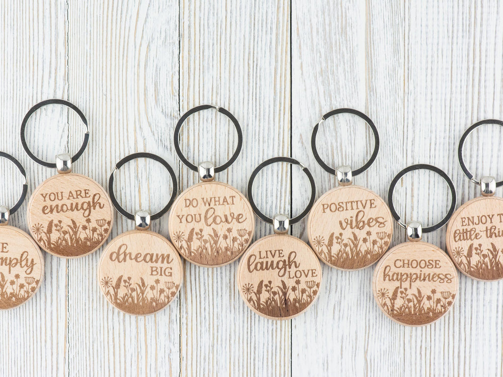 Inspirational Quotes Natural Wood Keychain • Laser-Engraved Stainless Steel Keyring • Double-Sided