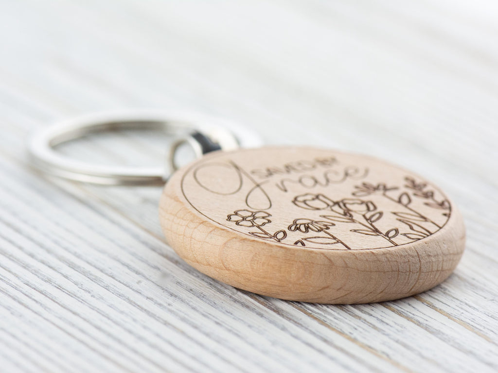 Saved by Grace Natural Wood Keychain • Laser-Engraved Stainless Steel Keyring • Double-Sided