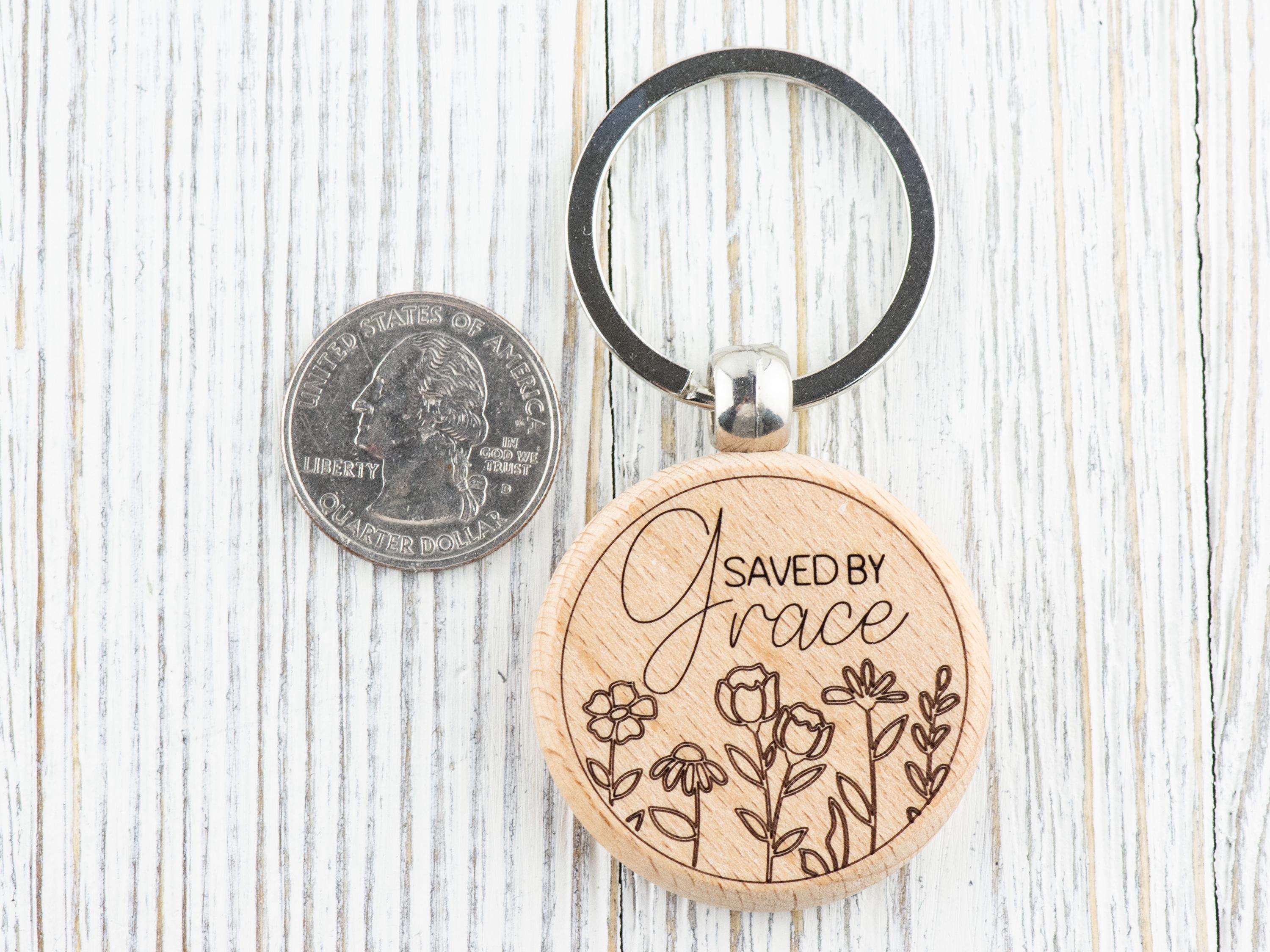 Saved by Grace Natural Wood Keychain • Laser-Engraved Stainless Steel Keyring • Double-Sided