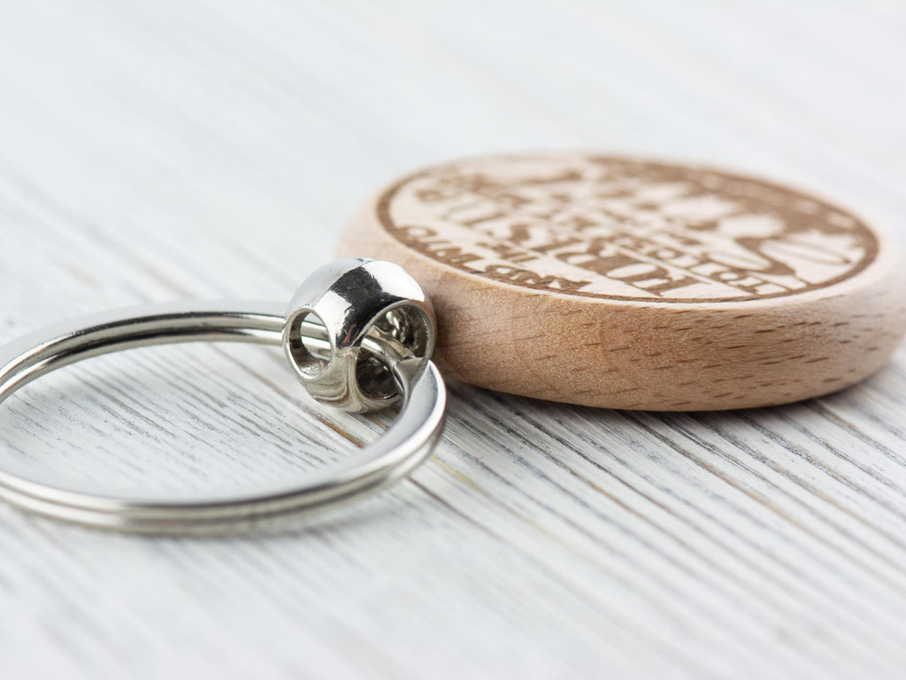Into the Forest I Go Natural Wood Keychain • Laser-Engraved Stainless Steel Keyring • Double-Sided