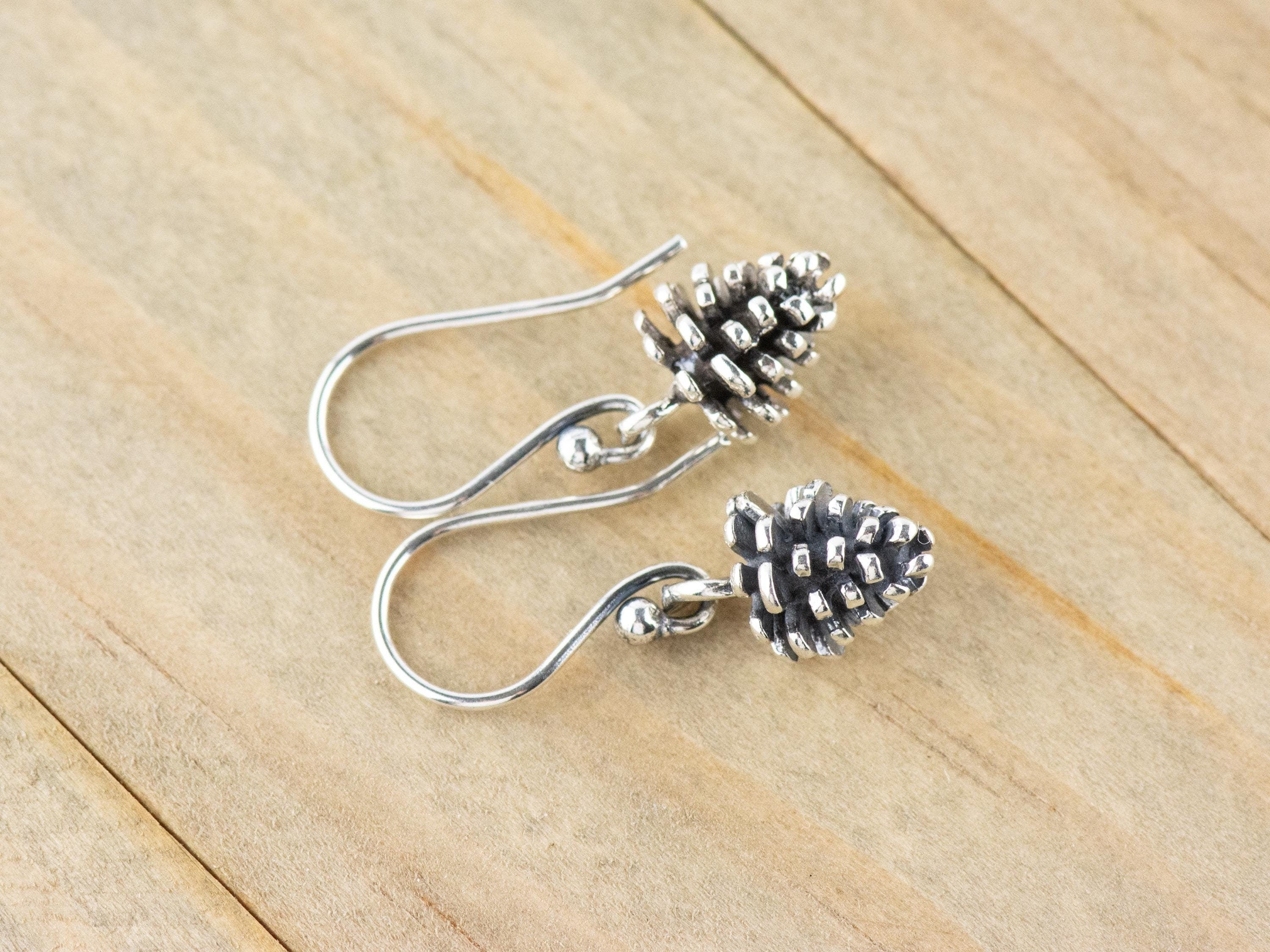 Pine Cone .925 Sterling Silver Charm Earrings • Nature-Inspired Woodsy Jewelry • Cute Outdoorsy Earrings • Rustic Minimalist Style