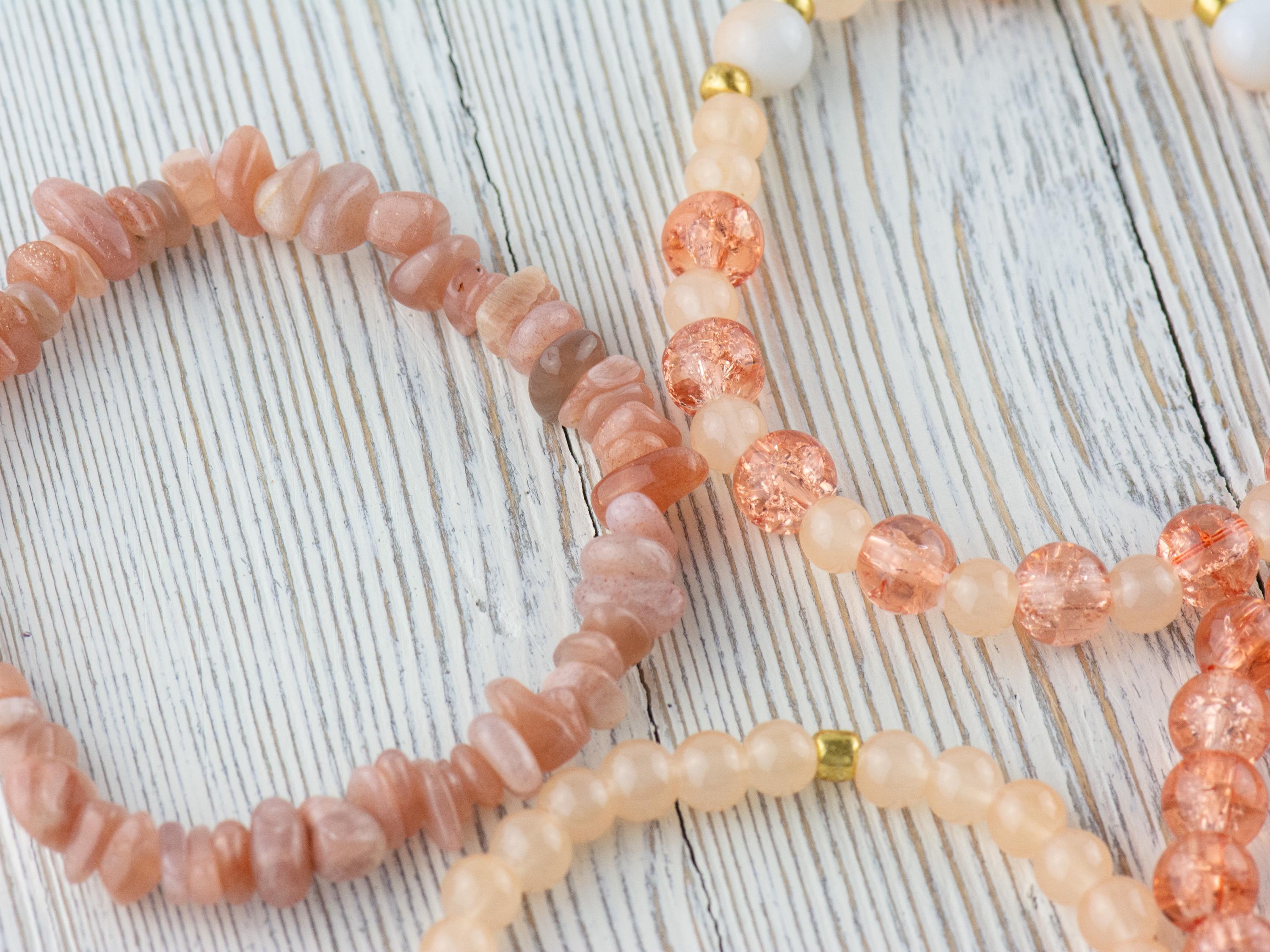 Sunstone Stacking Bracelets Set • Peach, White & Gold Gemstone Beads • Autumn Vibes
