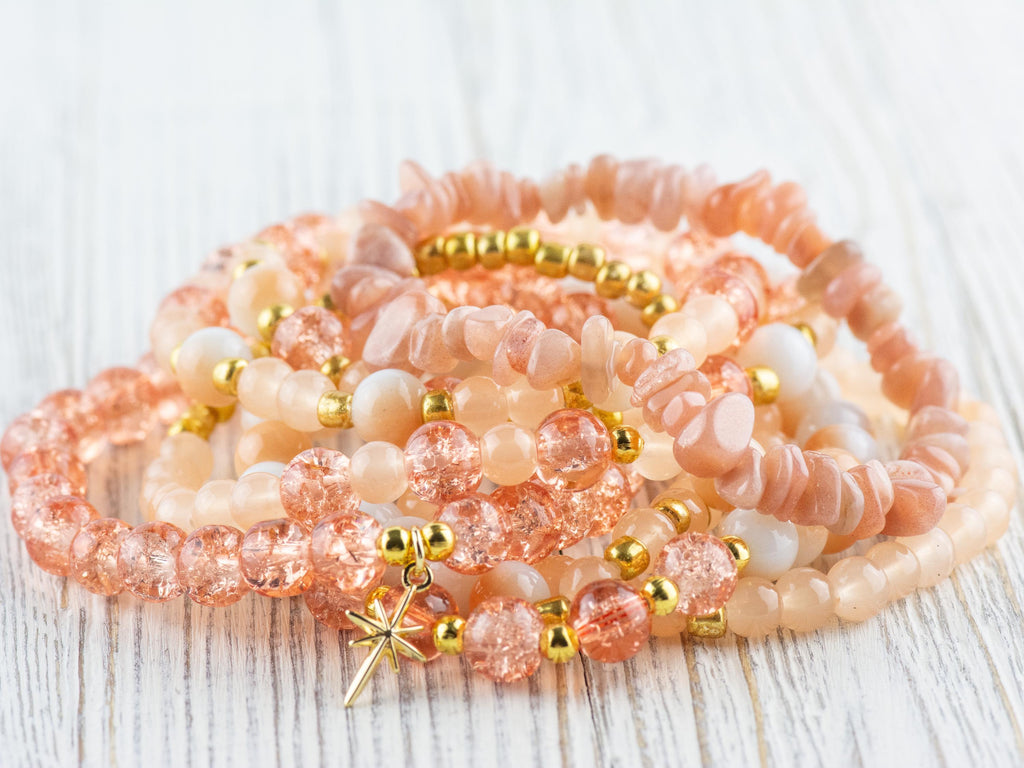 Sunstone Stacking Bracelets Set • Peach, White & Gold Gemstone Beads • Autumn Vibes