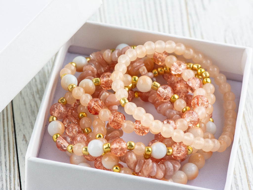 Sunstone Stacking Bracelets Set • Peach, White & Gold Gemstone Beads • Autumn Vibes