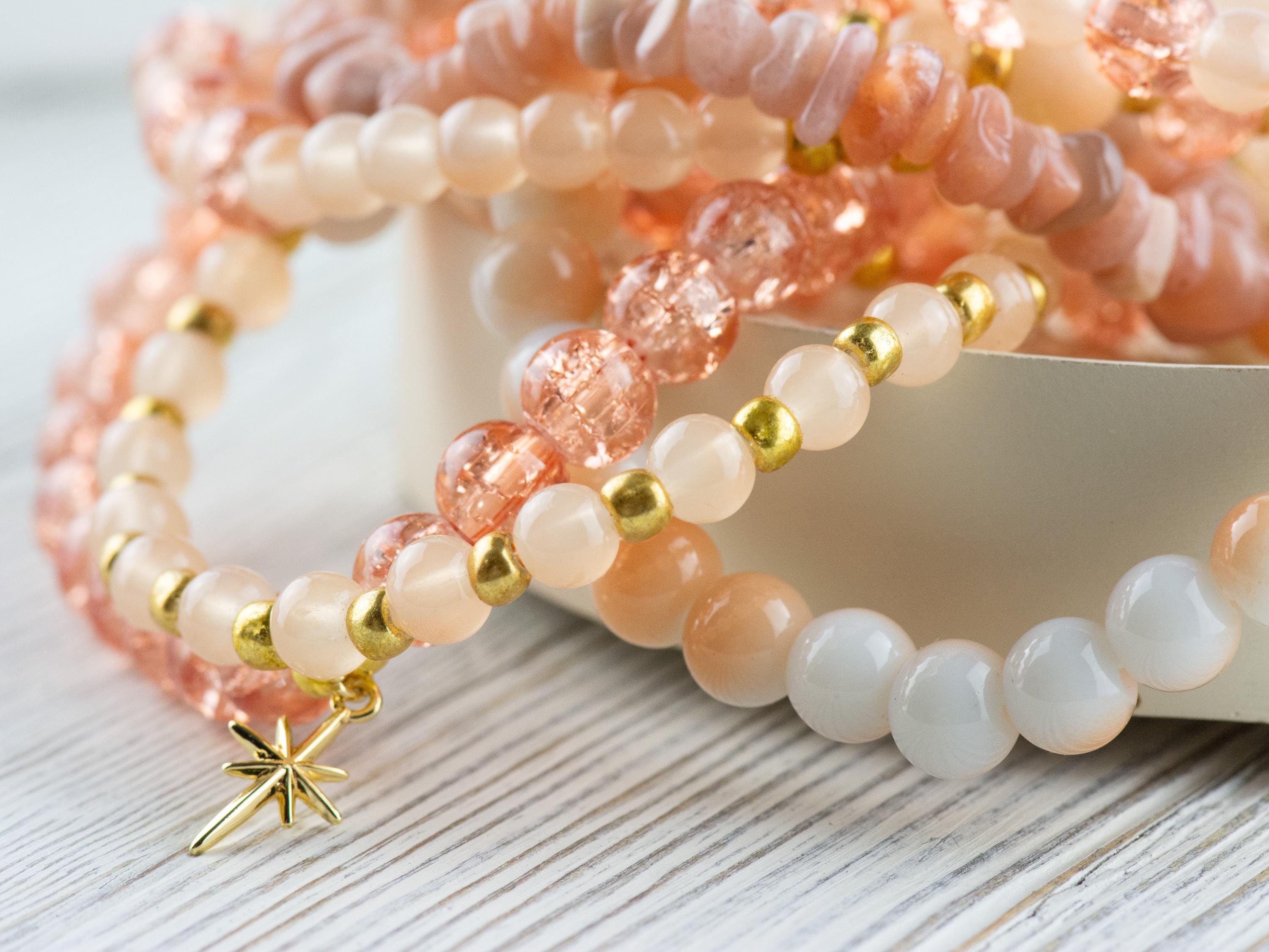 Sunstone Stacking Bracelets Set • Peach, White & Gold Gemstone Beads • Autumn Vibes