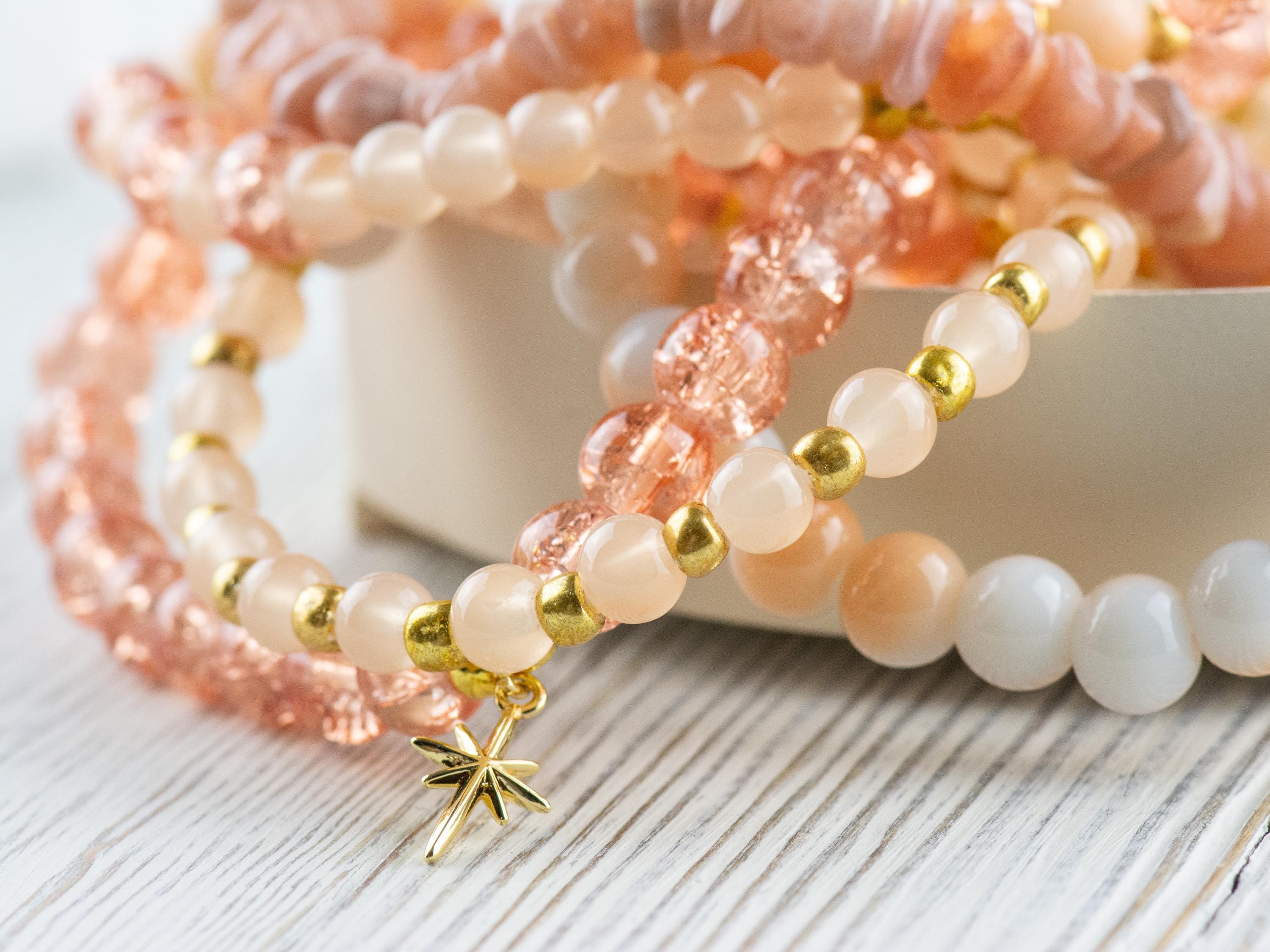 Sunstone Stacking Bracelets Set • Peach, White & Gold Gemstone Beads • Autumn Vibes