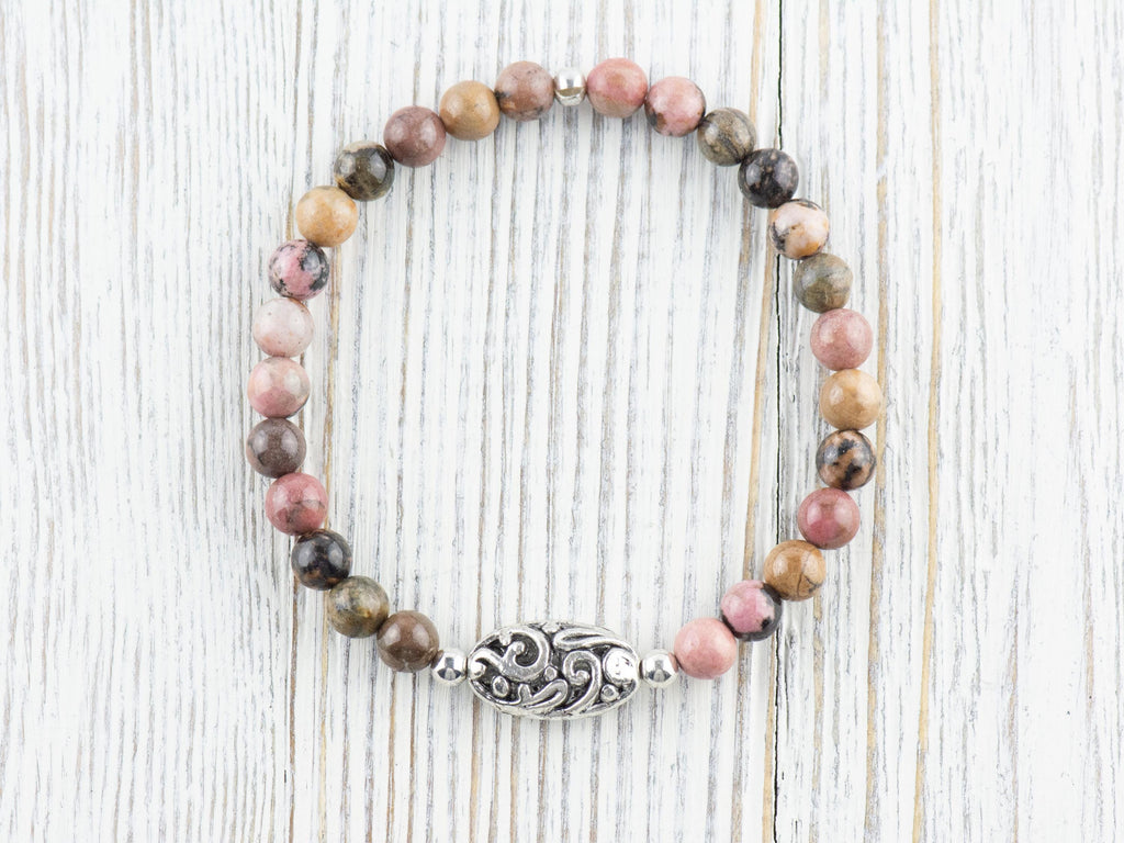 Rhodonite Gemstone Beaded Stretch Bracelet / Nature Inspired Handmade Semiprecious Jewelry / Stackable Smooth Round Stone Fashion Accessory