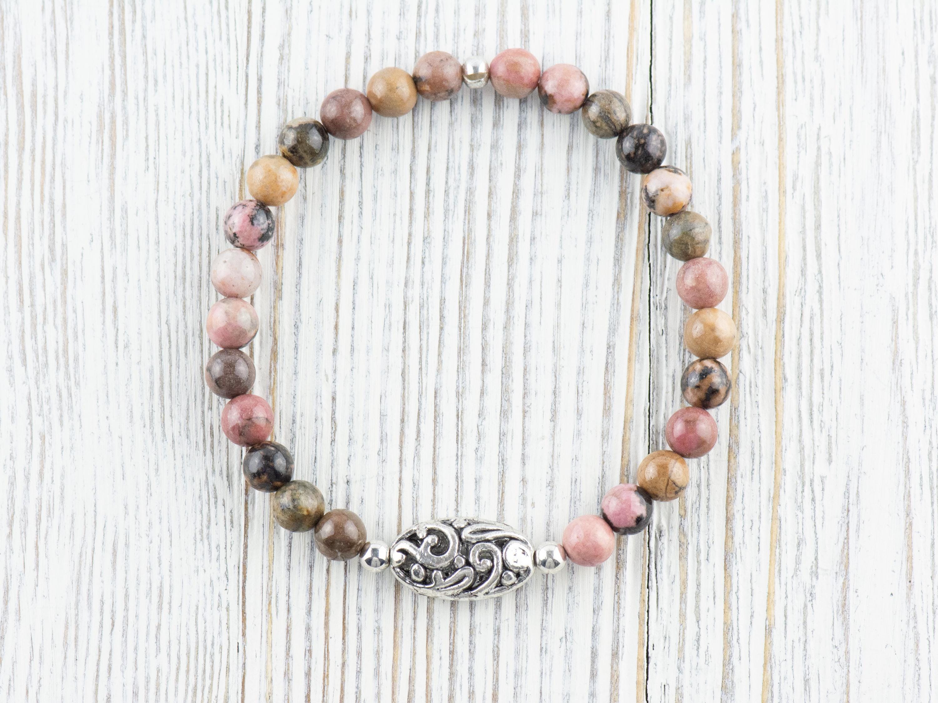 Rhodonite Gemstone Beaded Stretch Bracelet / Nature Inspired Handmade Semiprecious Jewelry / Stackable Smooth Round Stone Fashion Accessory