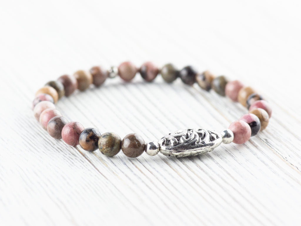Rhodonite Gemstone Beaded Stretch Bracelet / Nature Inspired Handmade Semiprecious Jewelry / Stackable Smooth Round Stone Fashion Accessory