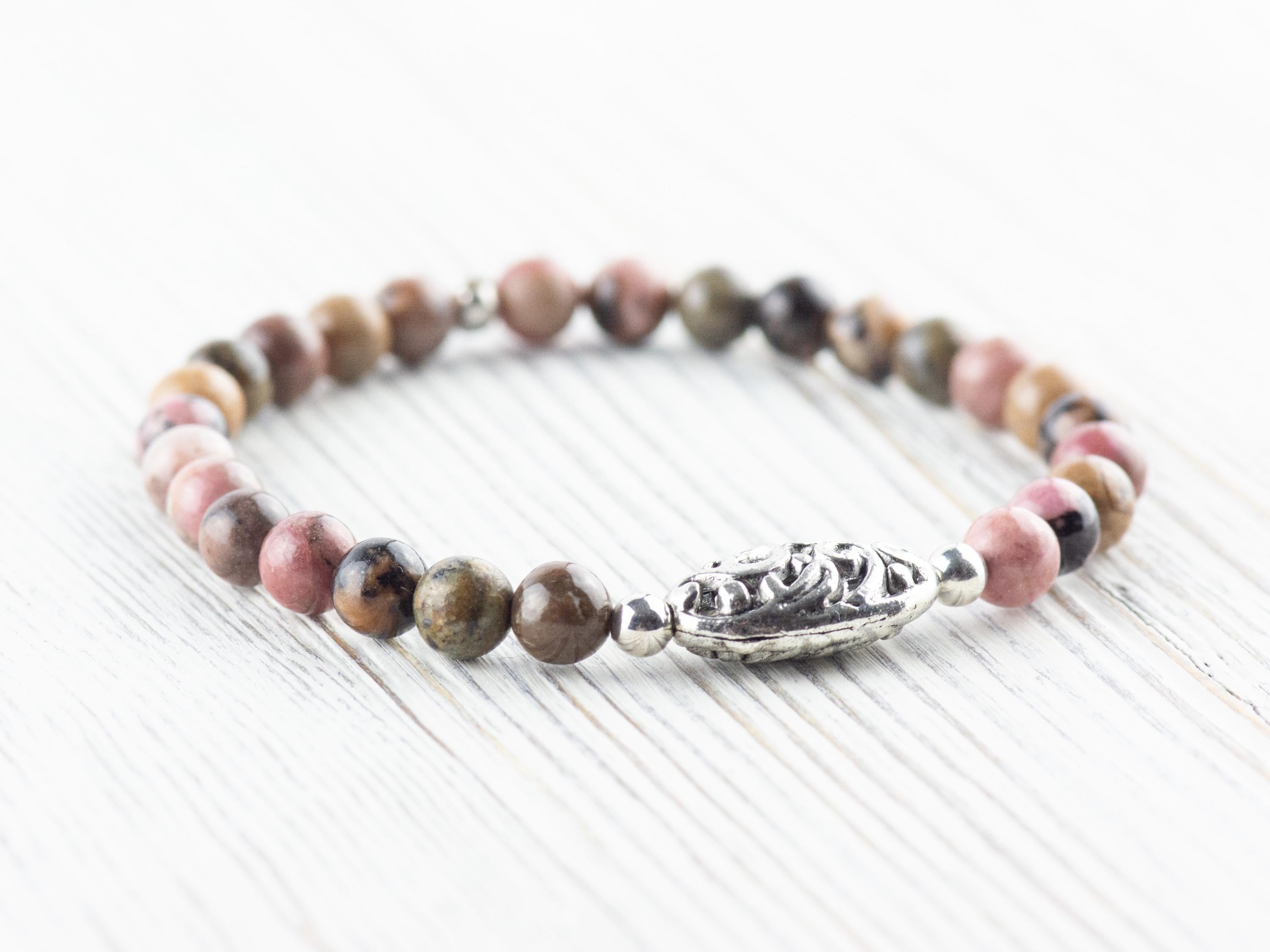 Rhodonite Gemstone Beaded Stretch Bracelet / Nature Inspired Handmade Semiprecious Jewelry / Stackable Smooth Round Stone Fashion Accessory