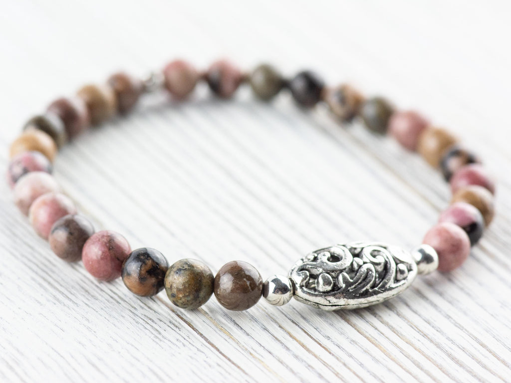 Rhodonite Gemstone Beaded Stretch Bracelet / Nature Inspired Handmade Semiprecious Jewelry / Stackable Smooth Round Stone Fashion Accessory