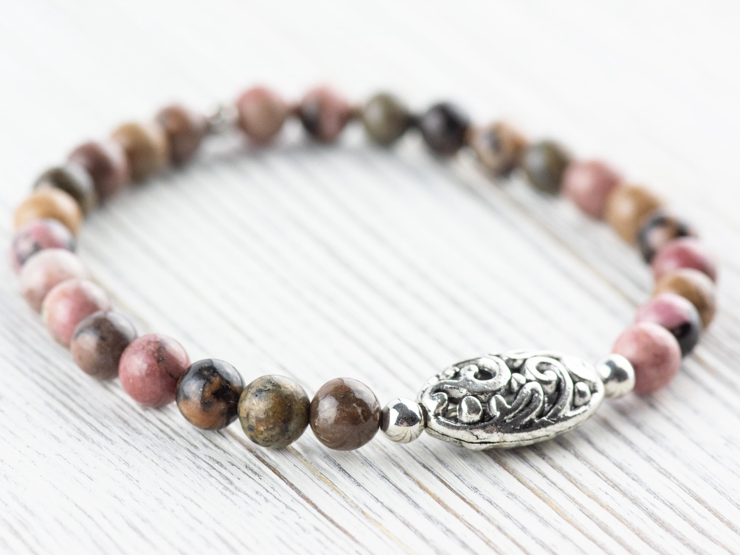 Rhodonite Gemstone Beaded Stretch Bracelet / Nature Inspired Handmade Semiprecious Jewelry / Stackable Smooth Round Stone Fashion Accessory