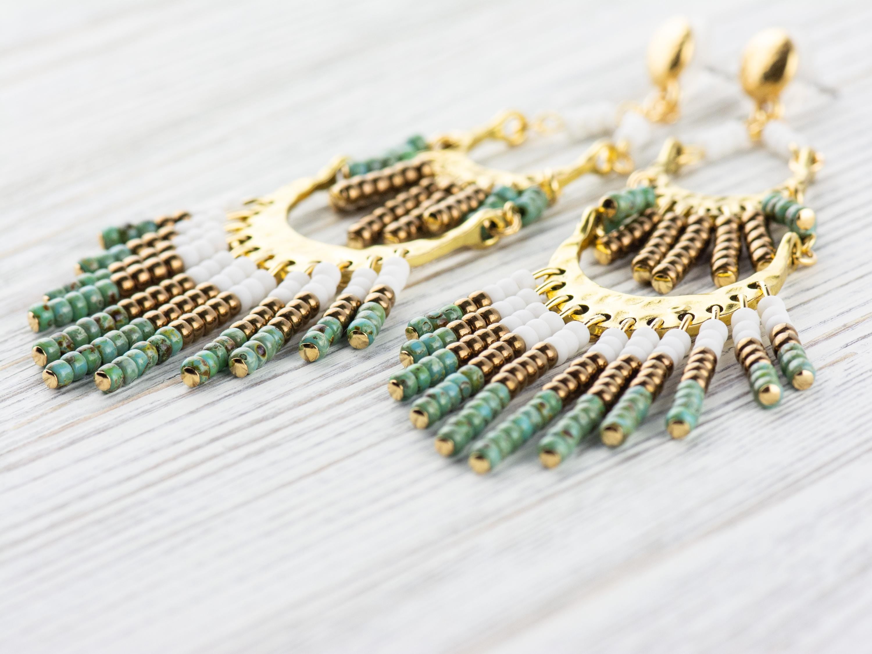 Desert Plain Boho Fringe Statement Earrings • Handmade Seed Bead Jewelry • Funky Shiny Gold Long Chandelair Earrings • Bold Western Vibe