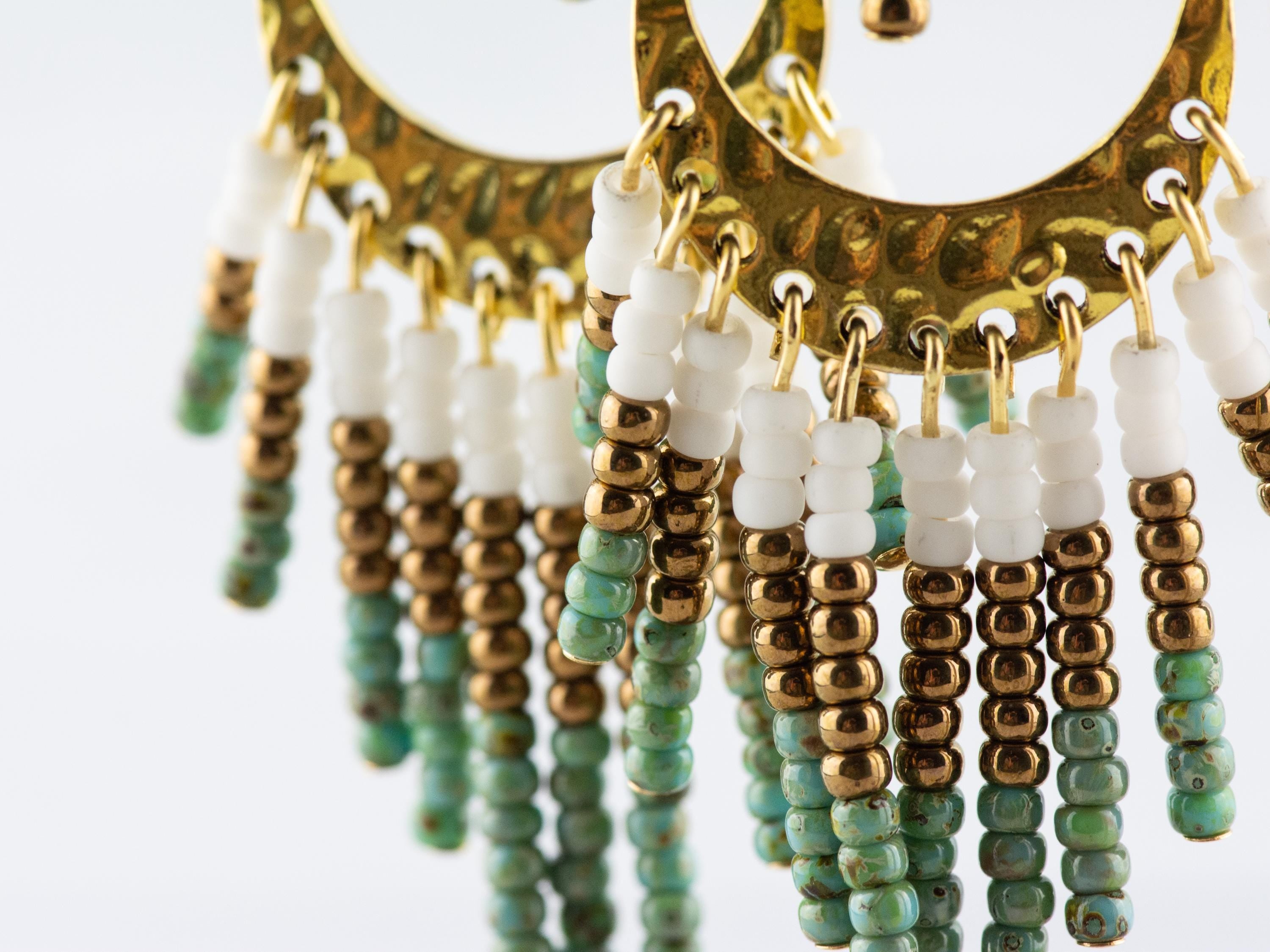 Desert Plain Boho Fringe Statement Earrings • Handmade Seed Bead Jewelry • Funky Shiny Gold Long Chandelair Earrings • Bold Western Vibe