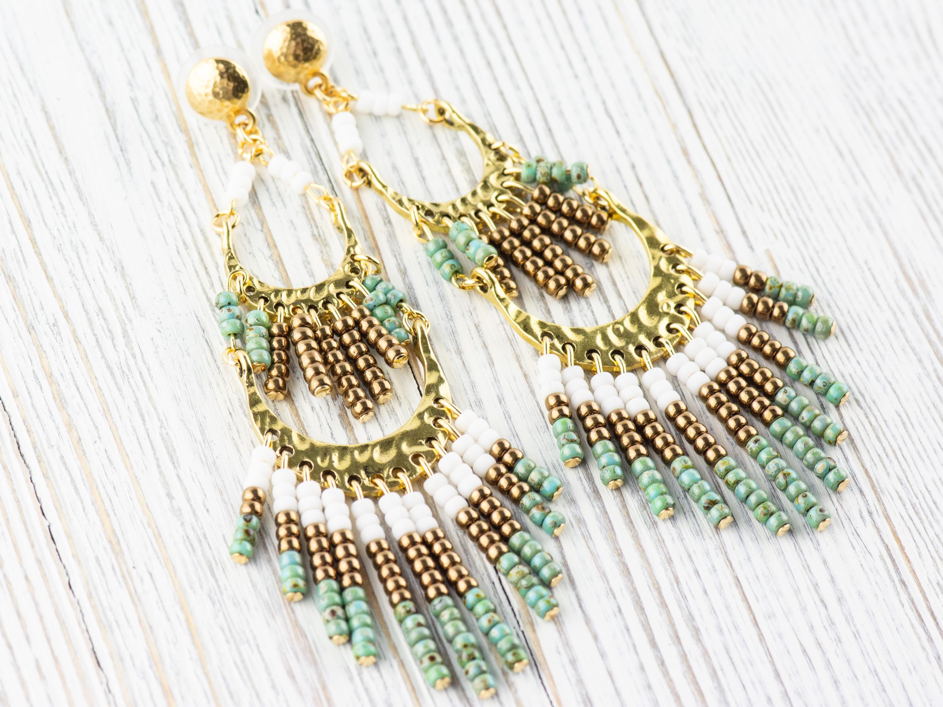 Desert Plain Boho Fringe Statement Earrings • Handmade Seed Bead Jewelry • Funky Shiny Gold Long Chandelair Earrings • Bold Western Vibe