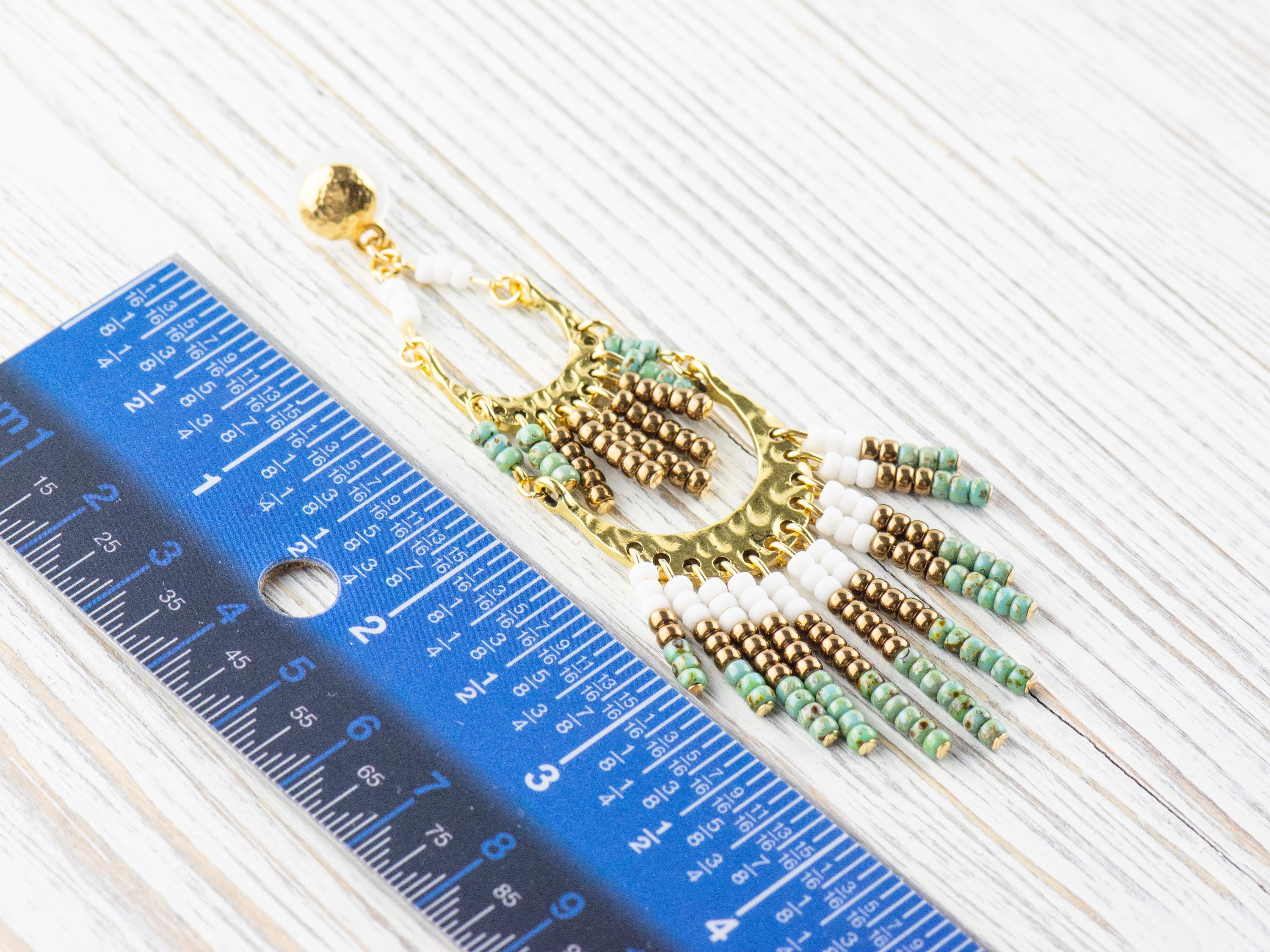 Desert Plain Boho Fringe Statement Earrings • Handmade Seed Bead Jewelry • Funky Shiny Gold Long Chandelair Earrings • Bold Western Vibe