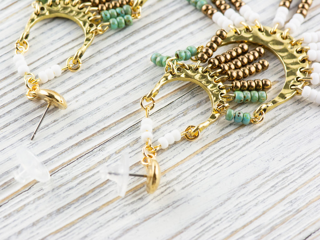 Desert Plain Boho Fringe Statement Earrings • Handmade Seed Bead Jewelry • Funky Shiny Gold Long Chandelair Earrings • Bold Western Vibe